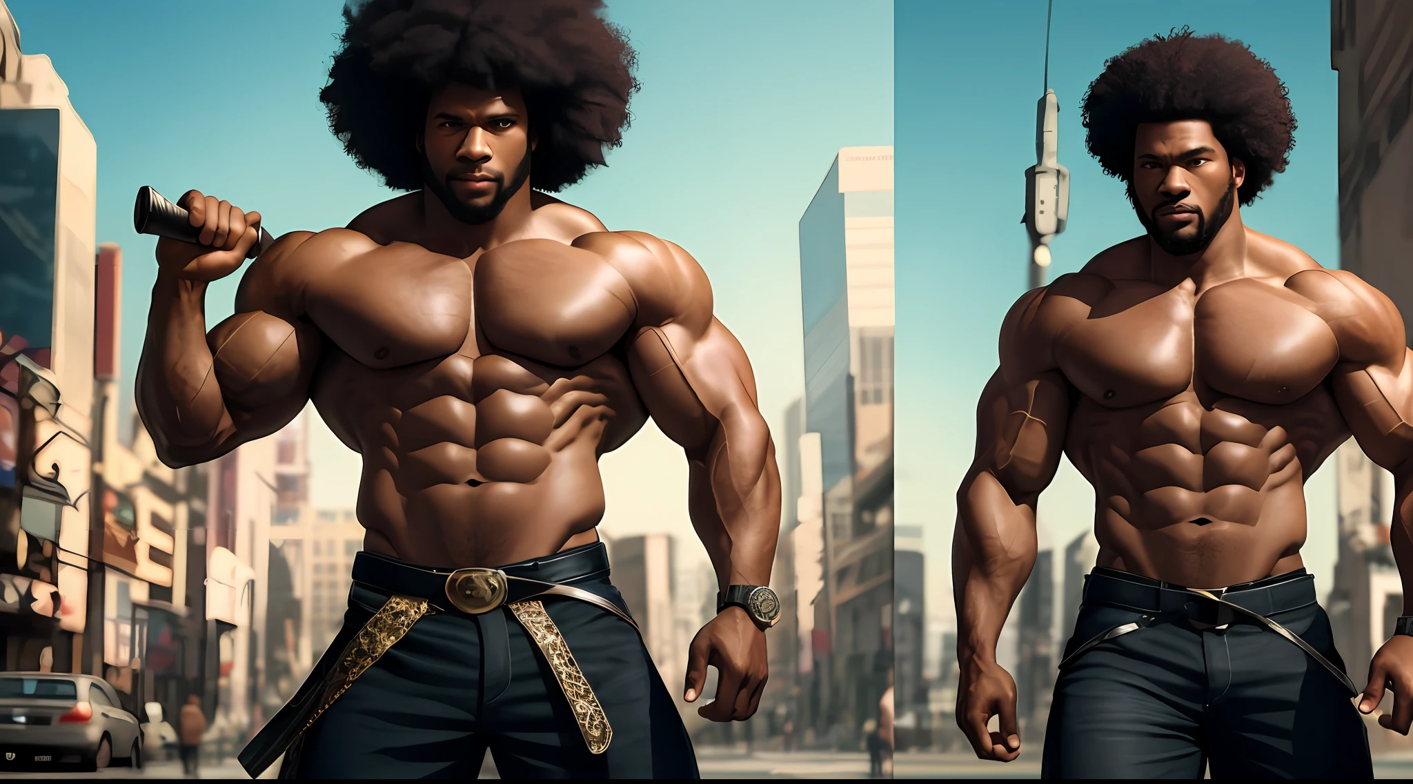 black man in his 40s in exellent shape, ripped biceps, stomach and chest. combat pose with a 9 inch warrior blade, huge afro, Surrealism, high detail, Futurism, cinematic lighting, ray tracing, optical illusion, wide shot, multiple views, first-person view, 360 view, Wide-Angle, 135mm, Canon, award winning, masterpiece --auto