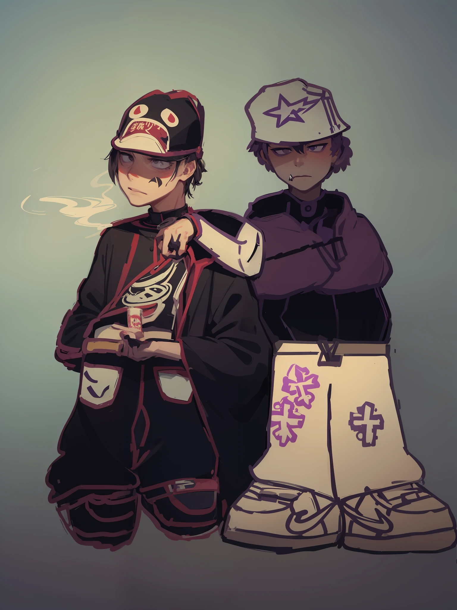 2 boys, purple, graffiti walls, smoke, 2D, afared drawing, best quality, vampire, high, face with empty countenance, akira style