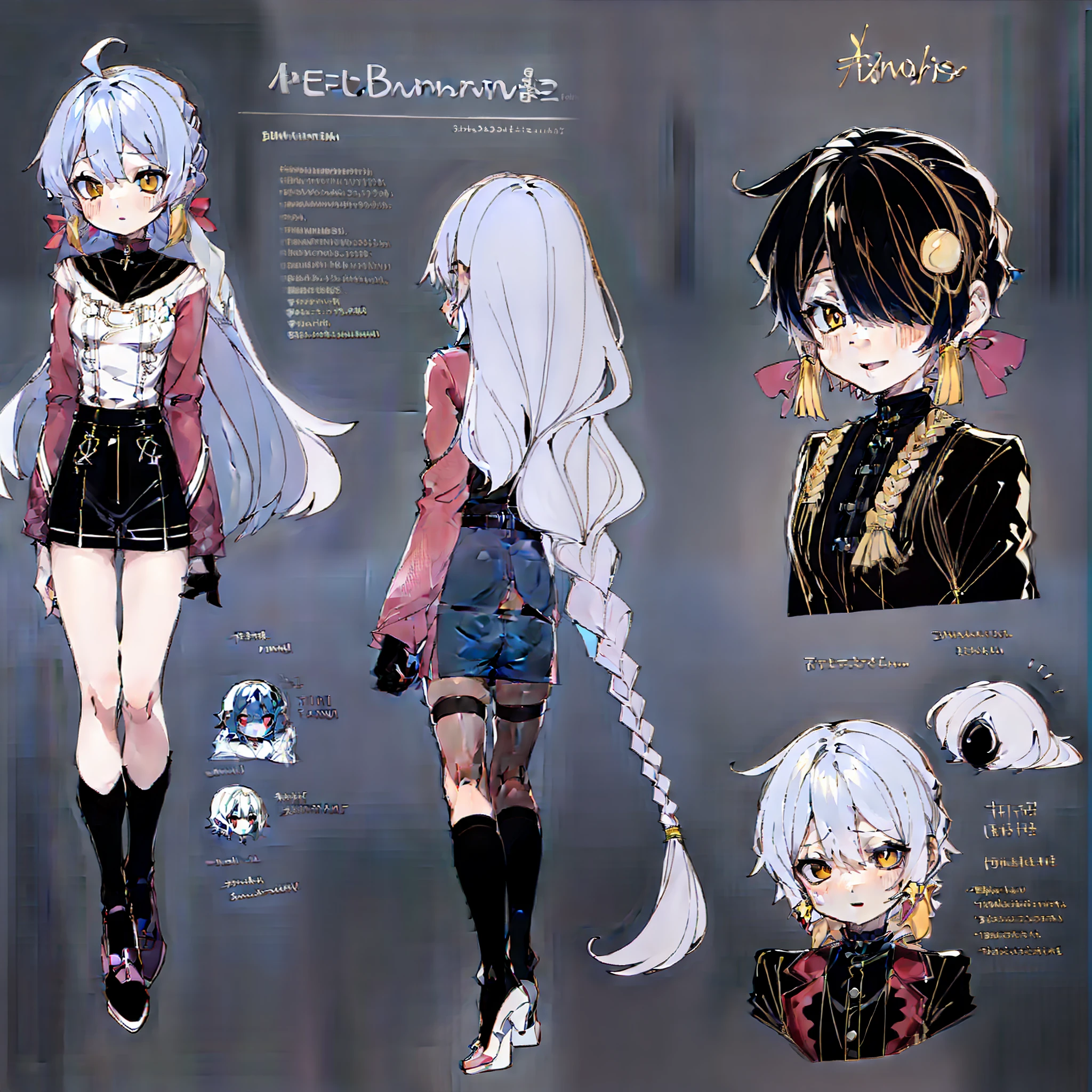 (character design sheet, (((same character))), front, side, back), 2d anime style, anime moe art style, 1 person, genderless, pink hair, long bangs, a slender twisted braid, golden eyes, glowing eyes, white tights, black hands with black claws, cute art style, anime style illustration, by Kamagurka, in pixiv, pixiv style, pixiv, in anime style, Anime art style, full body commission