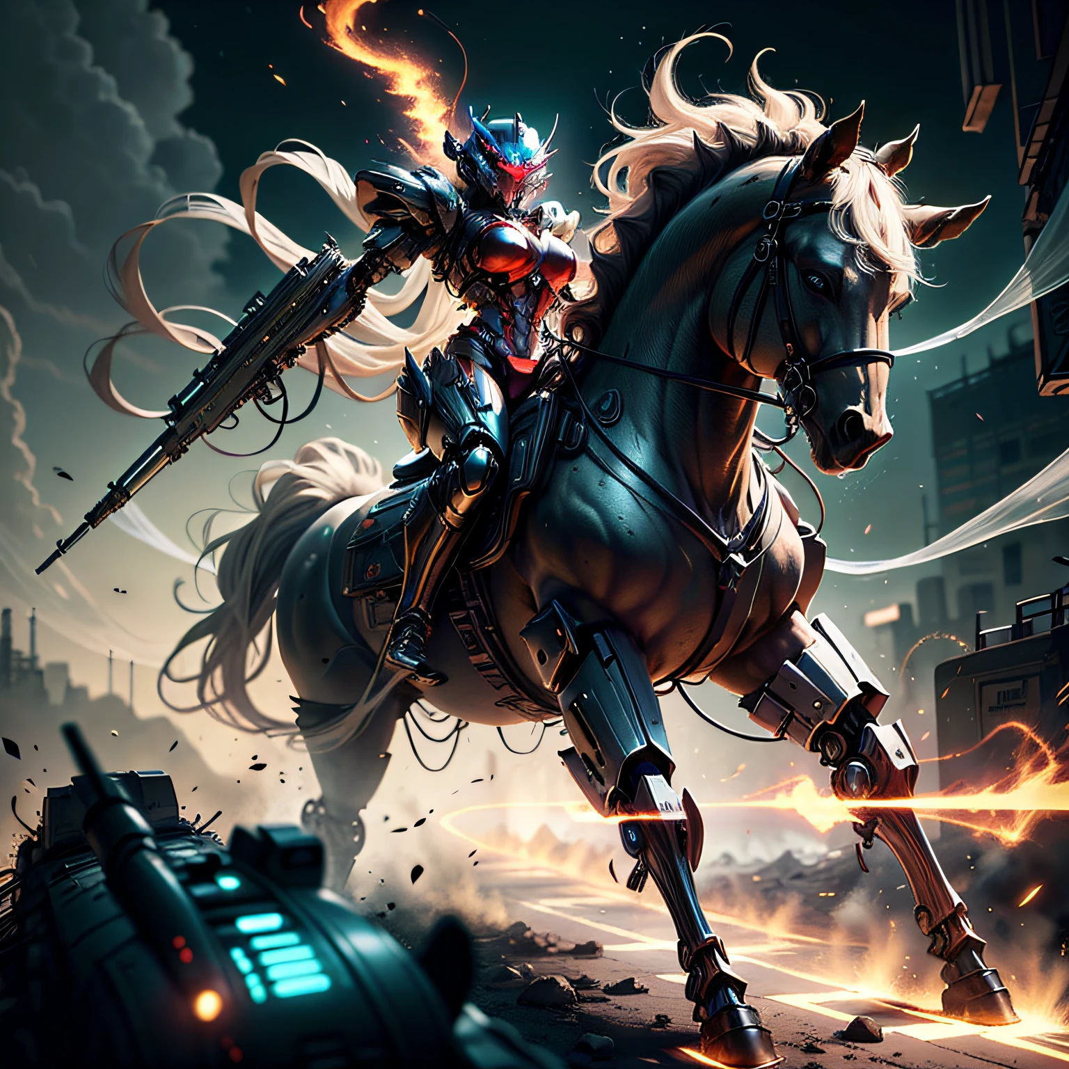 Anime girl riding a horse at night in the city, cyberpunk anime girl in mecha armor, cybernetic armor inside the mecha, red armor, mechanized Valkyrie girl, cyberpunk artwork, by Yang J, knight of the zodiac girl, incredibly detailed artistic concept, anime mecha aesthetics, black and red armor, armored girl, anime fantasy art piece, lady in red armor --ar 3:4 --v 4 --stylize 100 --auto