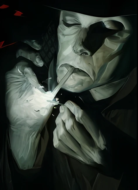 painting of a man in a top hat and a mask smoking a cigarette, diego dayer,  gregory manchess ”, ( ( ( horror art ) ) ), The long narrow alley is dark and deep