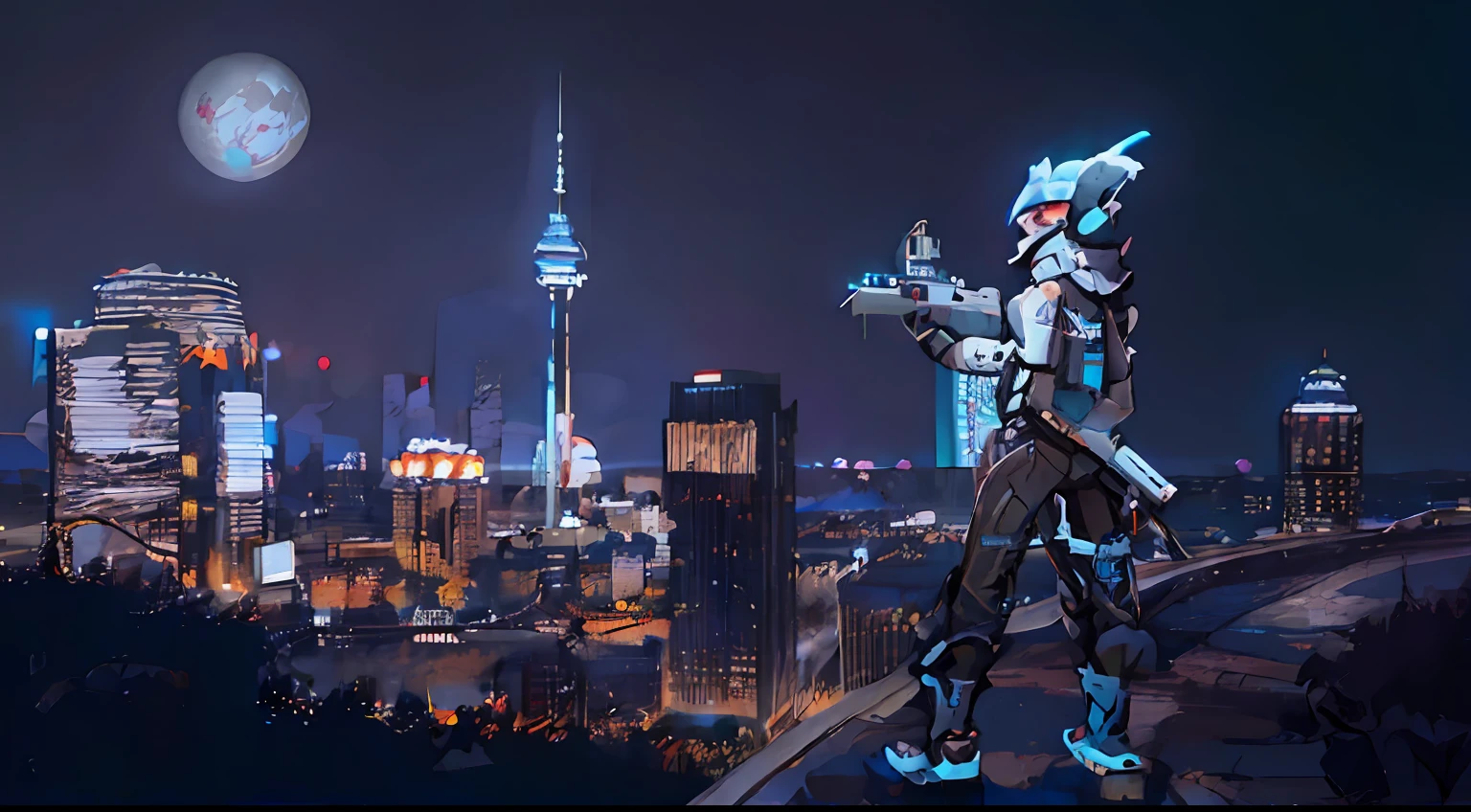 Valliant's game role jett standing on a ledge overlooking a city at night, hero pose colorful city lighting, digital cyberpunk anime art, in front of a sci fi cityscape, digital cyberpunk - anime art, in cyberpunk city, by Shitao, ross tran 8 k, anime cyberpunk art, city in the background, at a cyberpunk city, at cyberpunk city, at an cyberpunk city