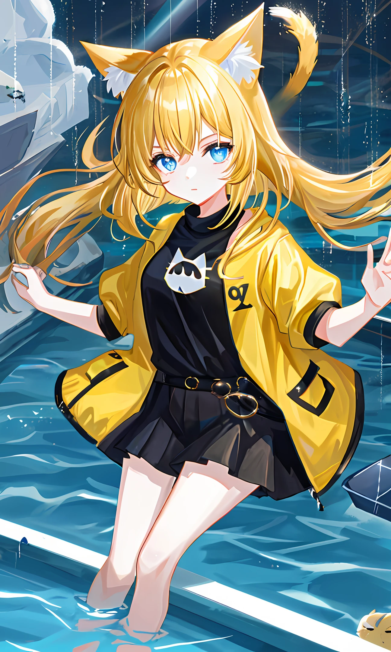 A young girl with yellow hair, cat ears, black clothes and blue eyes is swimming in the air on a rainy day