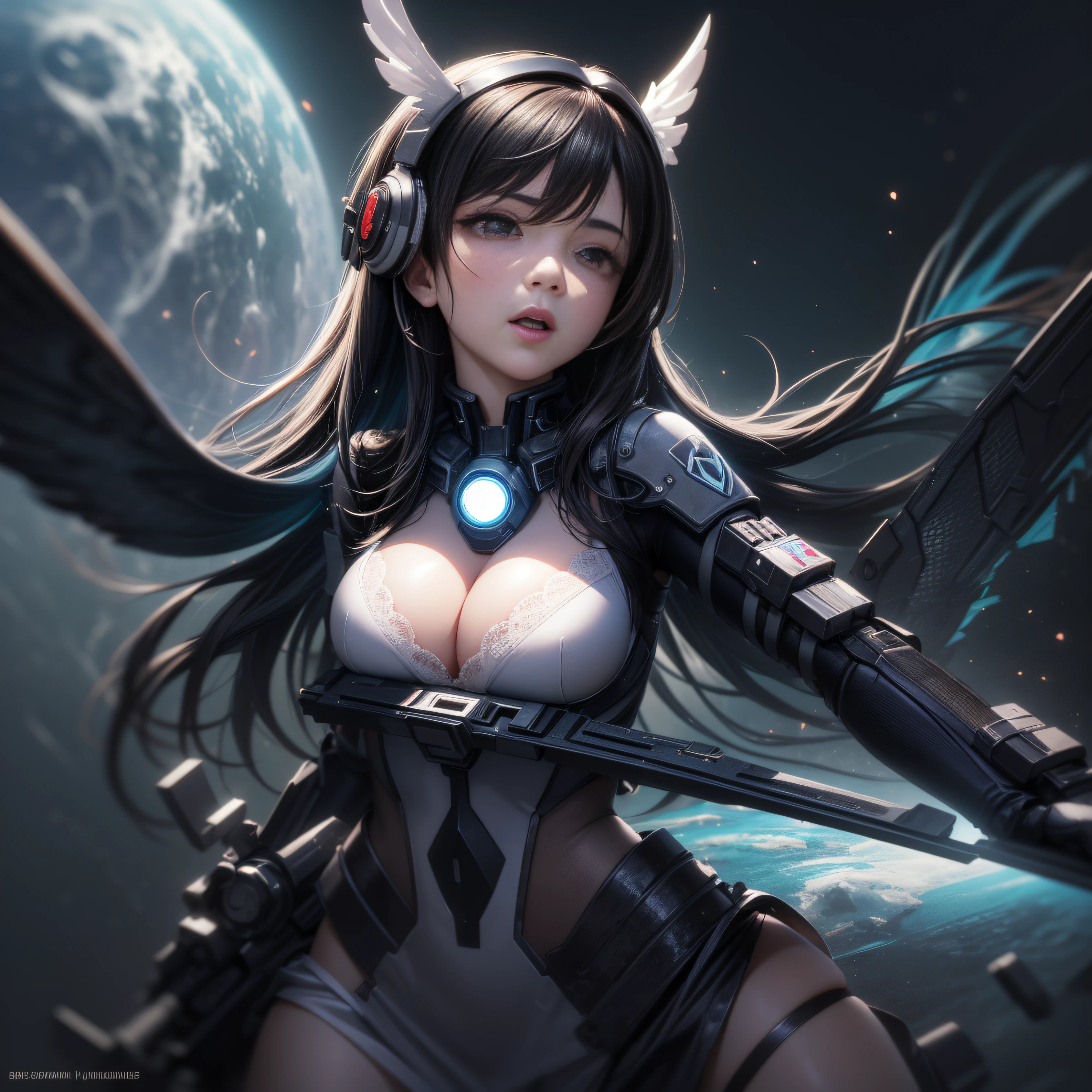 ((Best quality)), ((masterpiece)), (very detailed: 1.3), 3D, beautiful, (cyberpunk: 1.6), in space, nebula, (holding_weapon: 1.3), laser, (1Female mecha: 1.3), sexy body, in front of the audience, bright eyes, full body, (flying, descending, dynamic, motion blur: 1.4), (huge mechanical wings: 1.6), looking up, glowing_eyes, wick, panorama, background is earth, nebula, space, particles, reality, HDR (high dynamic range), ray tracing, NVIDIA RTX, Super resolution, Unreal 5, subsurface dispersion, PBR textures, post-processing, anisotropic filtering, depth of field, maximum clarity and clarity, multilayer textures, albedo and specular maps, surface shading, accurate simulation of light-material interaction, perfect proportions, rendered octane, two-tone lighting, large aperture, low ISO, White balance, rule of thirds, 8K RAW, efficient subpixel, subpixel volume product, (best quality), (Japanese: 0.5), (Korean: 0.8), (Liu Yi Fei: 1.5) long hair, (large chest: 1.2), (underboob: 1.5), (white transparent lace mini skirt: 1.5)