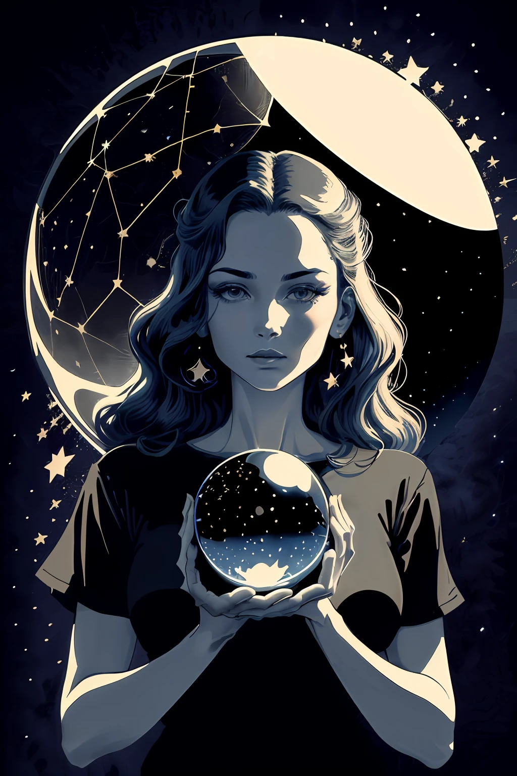 "(Vintage style:1.3),(Mysterious mood:1.2),(Astrology:1.2),(Crystal ball:1.2),(Dark background:1.1),(Vector art),(Contour art),(T-shirt design),(Hands holding:1.1), white background) depicting a woman holding a crystal ball with stars and constellations inside, her face hidden in the shadows, surrounded by a mysterious and mystical atmosphere.