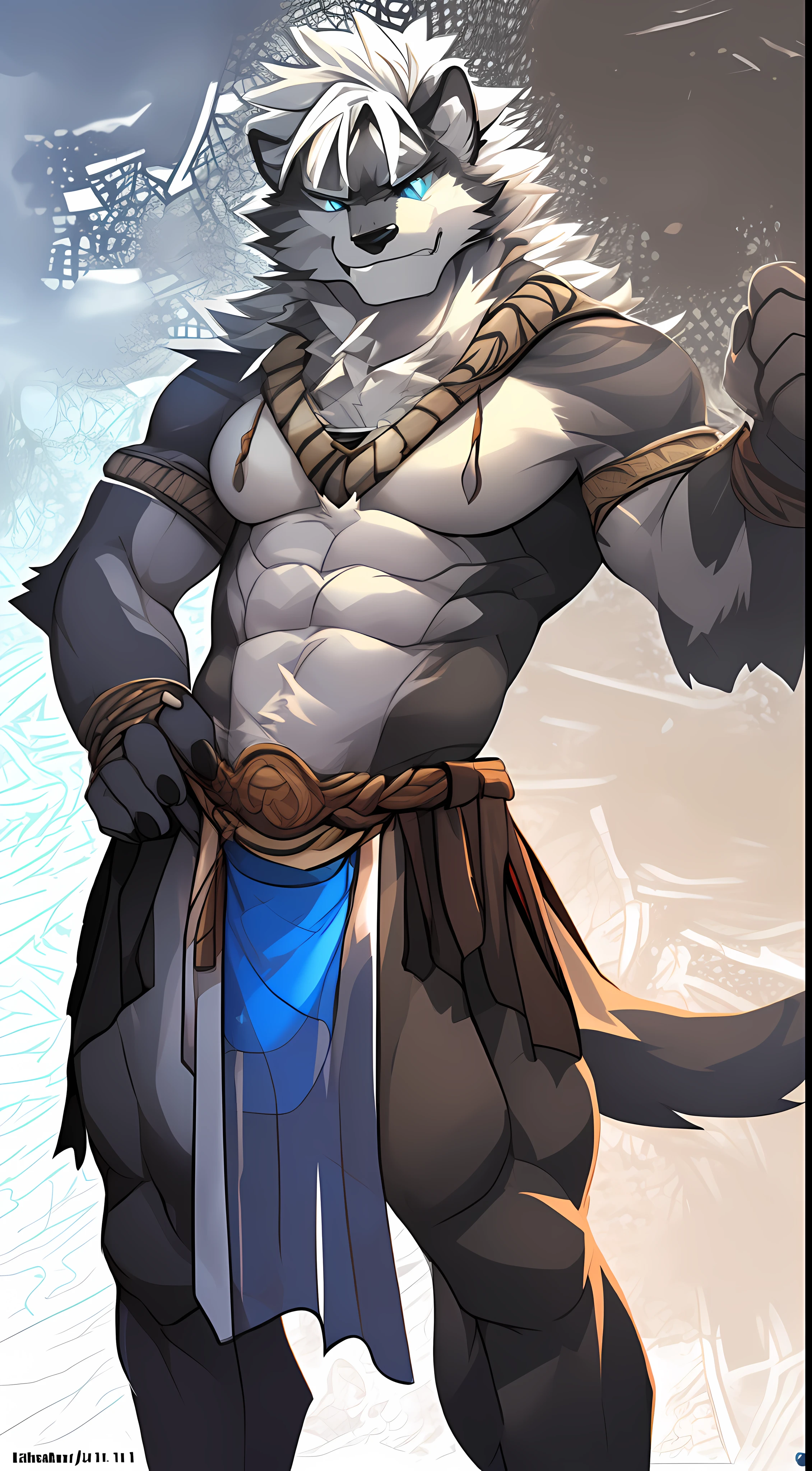 Wolfhound furry, fantasy world, skinny teenager, full body photo, revealing strong abs, dark background, clean design, epic Instagram, (((handsome Shota))), ((teenage:1.5)), (glowing blue eyes), ((eyes with light)), (short white hair: 1.1))), (((black)), (\\(indifferent expression\\), (translucent loincloth), erect lower body makes the loin bulge))), with white hair