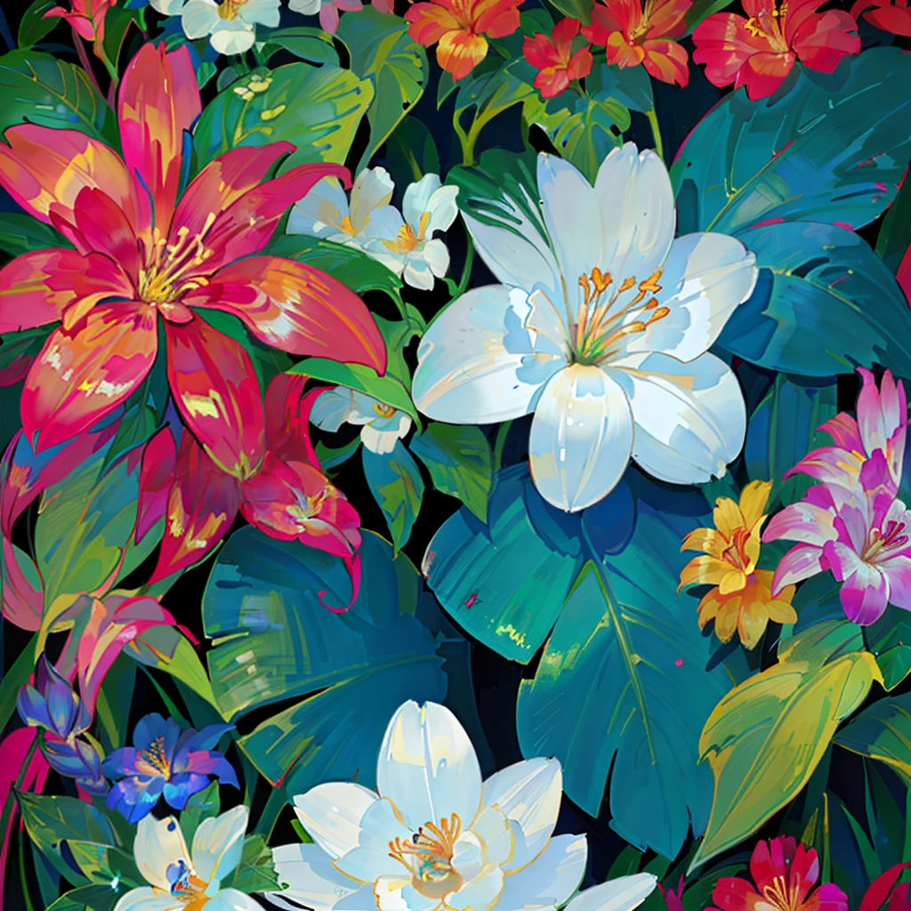 there is a large group of flowers that are on a green surface, blooming tropical flowers, tropical flowers, highly detailed digital artwork, beautiful tropical flowers, floral flowers colorful, dark flower pattern wallpaper, detailed digital artwork, lush garden leaves and flowers, highly detailed digital painting, 4k detailed digital art, elegant tropical prints, ultra detailed color art, very detailed digital painting