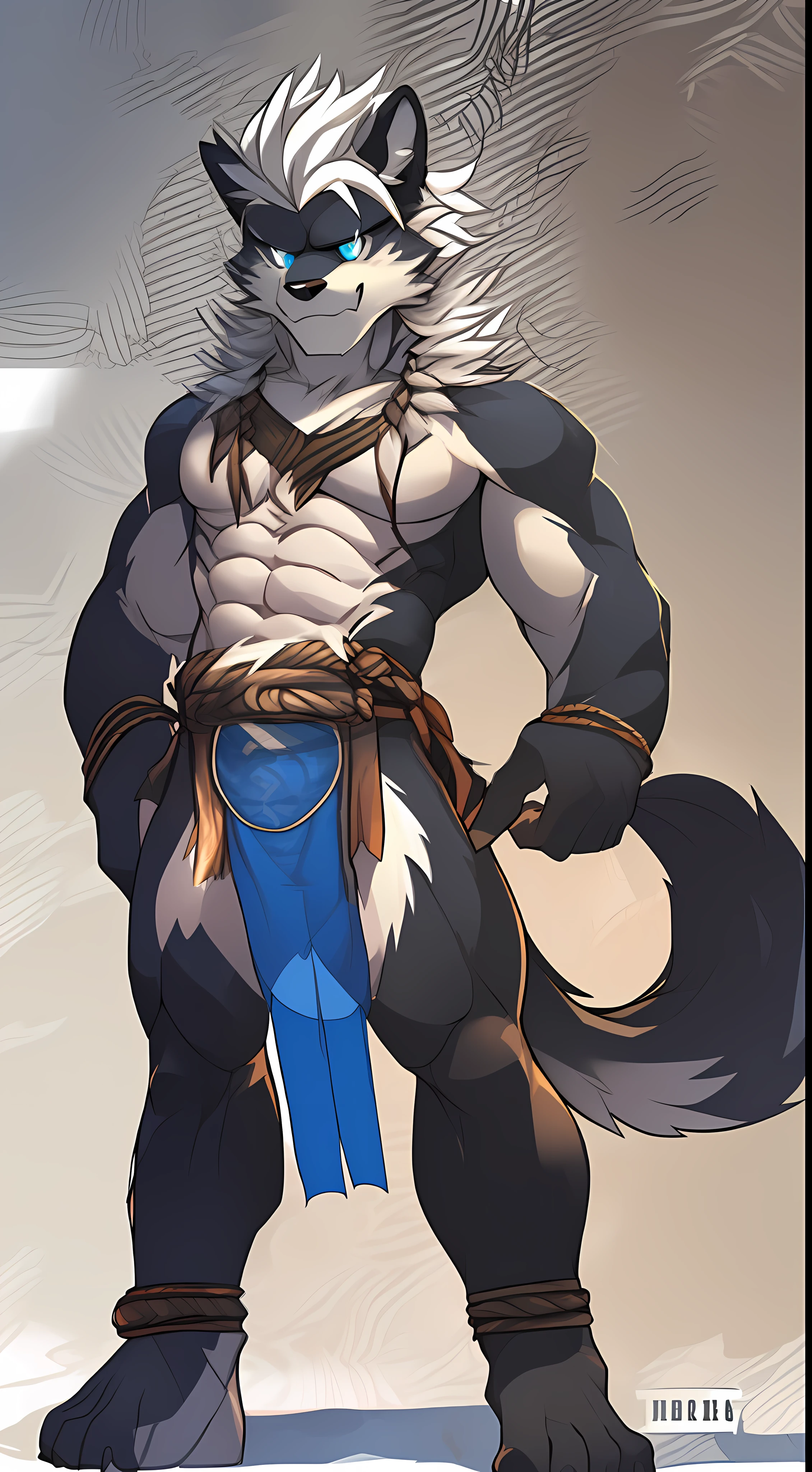 Wolfhound furry, fantasy world, skinny teenager, full body photo, revealing strong abs, dark background, clean design, epic Instagram, (((handsome Shota))), ((teenage:1.5)), (glowing blue eyes), ((eyes with light)), (short white hair: 1.1))), (((black)), (\\(indifferent expression\\), (translucent loincloth), erect lower body makes the loin bulge))), with white hair