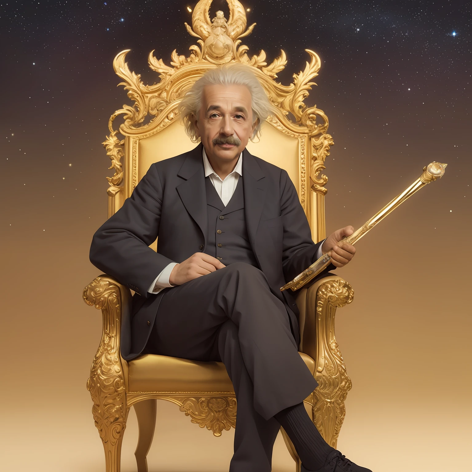 "An ultra-detailed and beautiful illustration of Albert Einstein, sitting like a majestic king, sitting majestically on his throne of gold and precious stones, a scepter in his right hand with the luminous handle of planet earth, impeccable color gradation, right hands, right legs, correctly seated, the background is the stellar universe."