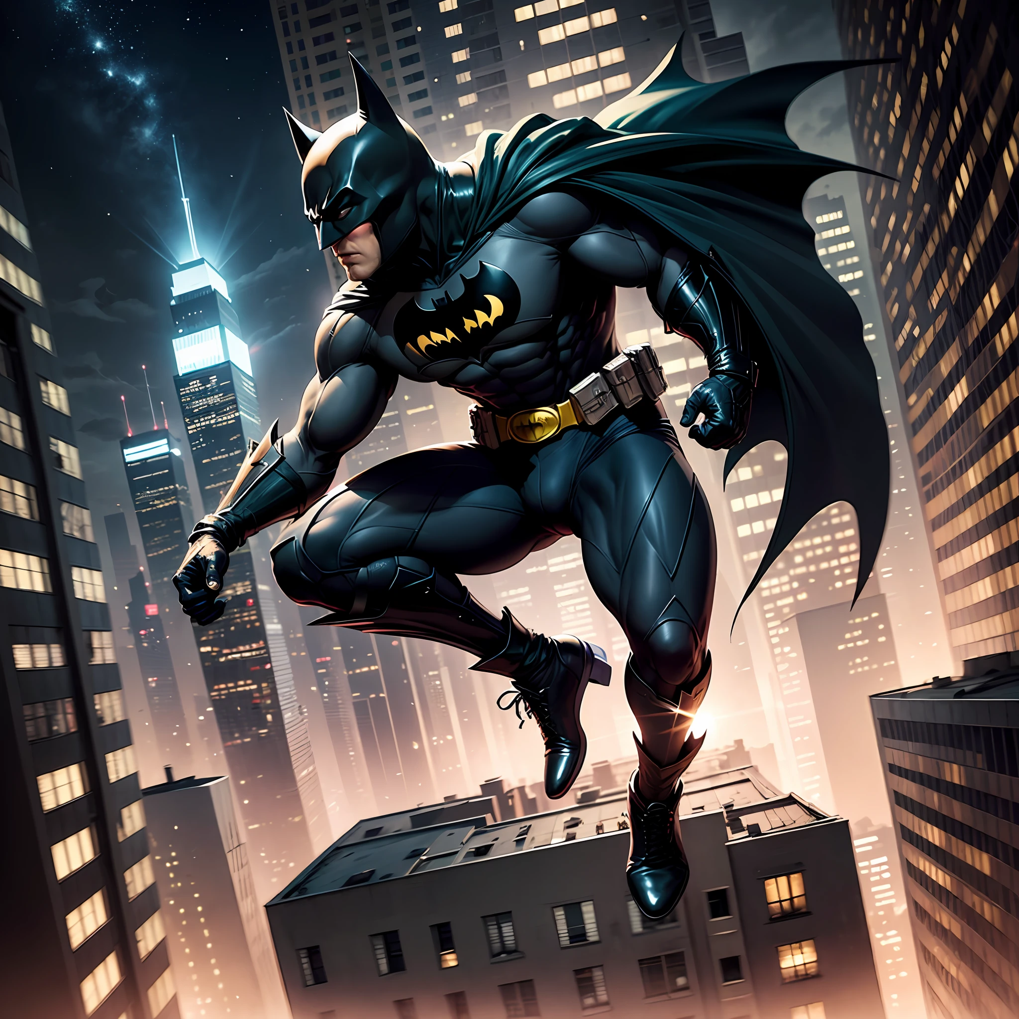 Batman in the manga style, batman, jumping, from a building, at night. --auto