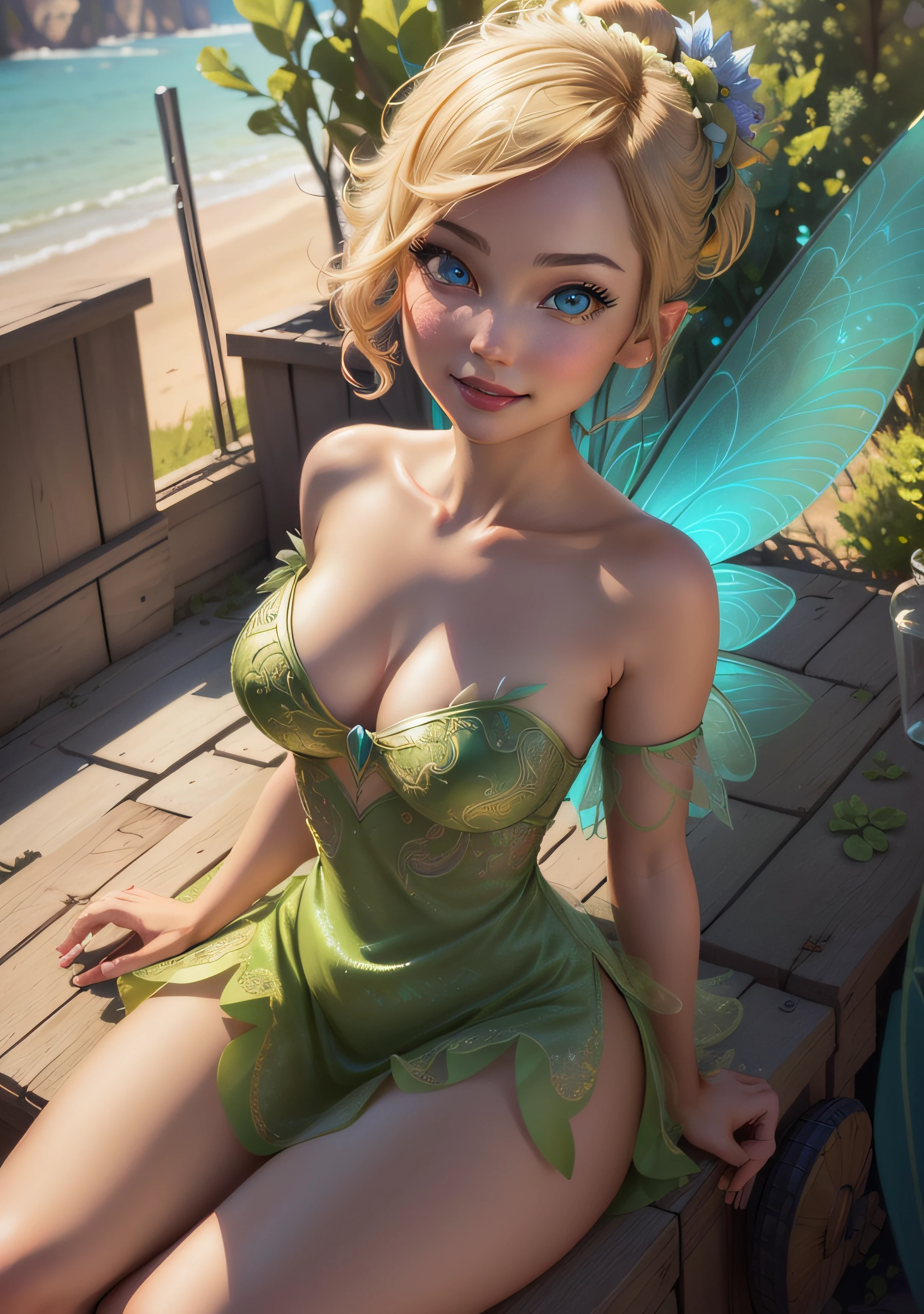 (TinkerWaifu:1), smile, cute, cute pose, looking at viewer, thick thighs, single hair bun, short hair, (strapless green dress:1), (fairy wings), sitting, (breast focus:1.2), from above, (realistic:1.2), (realism), (masterpiece:1.2), (best quality), (ultra detailed), (8k, 4k, intricate),(full-body-shot:1),(Cowboy-shot:1.2), (85mm),light particles, lighting, (highly detailed:1.2),(detailed face:1.2), (gradients), sfw, colorful,(detailed eyes:1.2), (detailed ladscape, inside a glass jar:1.2),(detailed background),detailed landscape, (dynamic angle:1.2), (dynamic pose:1.2), (rule of third_composition:1.3), (Line of action:1.2), wide shot, daylight, solo,