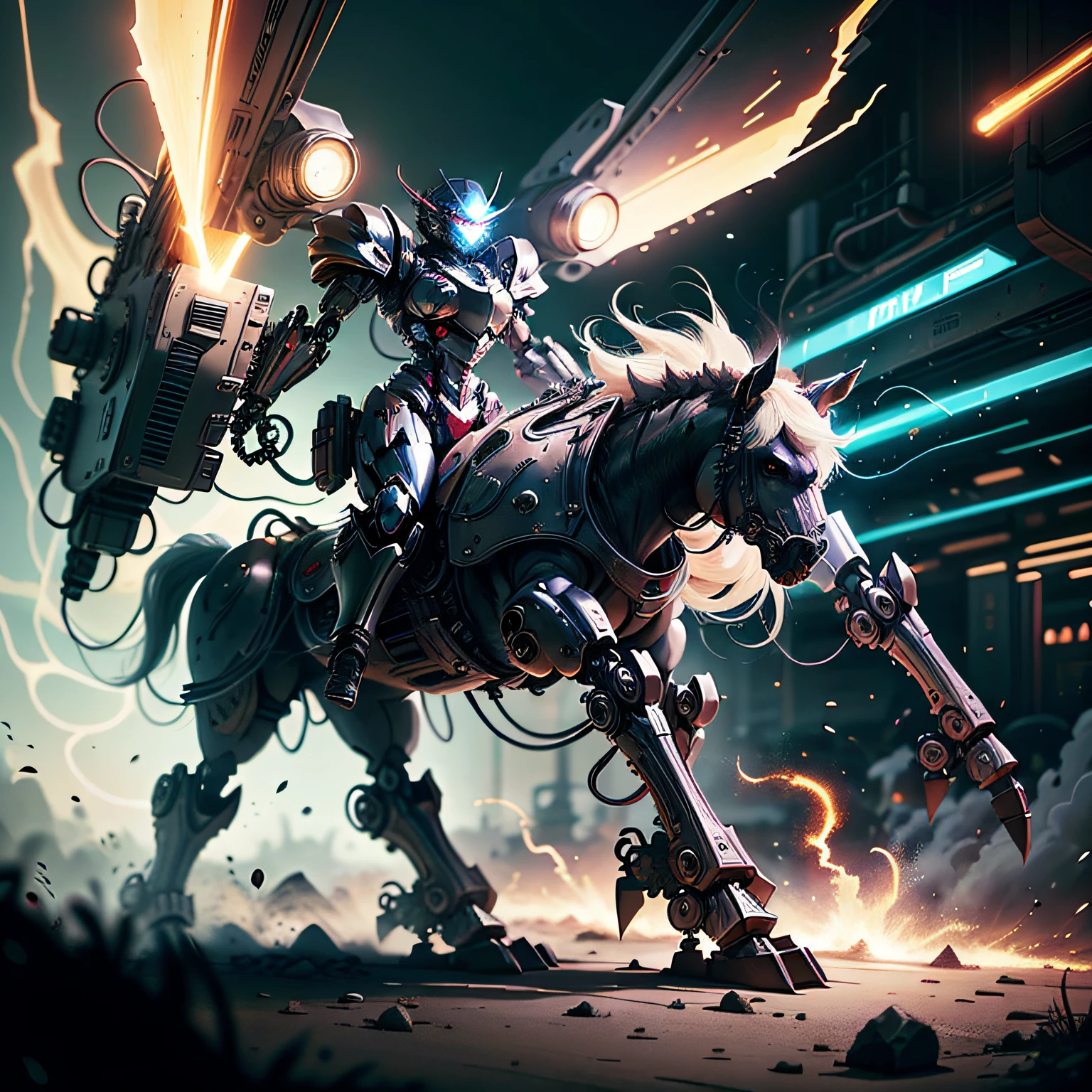Anime girl riding a horse at night in the city, cyberpunk anime girl in mecha armor, cybernetic armor inside the mecha, red armor, mechanized Valkyrie girl, cyberpunk artwork, by Yang J, knight of the zodiac girl, incredibly detailed artistic concept, anime mecha aesthetics, black and red armor, armored girl, anime fantasy art piece, lady in red armor --ar 3:4 --v 4 --stylize 100
