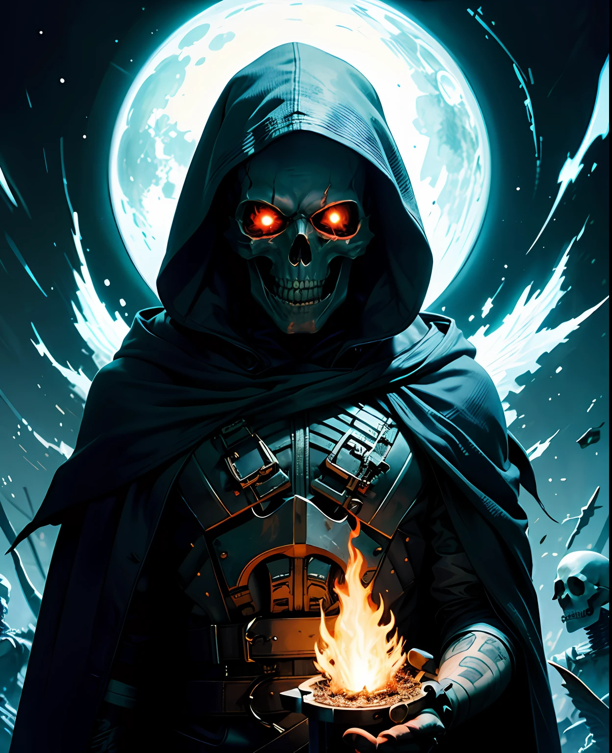 hood, skull, skeleton, solo, 1boy, male focus, fire, robe, hood up, cloak, upper body, copyright name, black background,skull face,skull tattoo on facezdeath,soul,soul reaper , holding a syth,syth welder