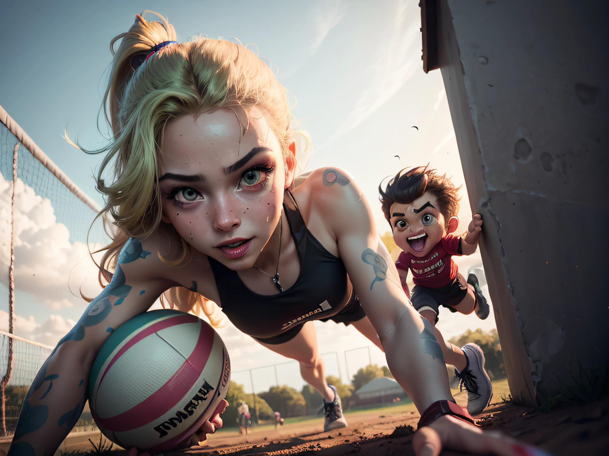 a boy and a girl with painted and smiling faces, jumping for a tennis ball on a rugby field, in dirty sportswear and mud, seen from low angle, Chibi, real, art, yang08k, photography, beautiful, colorful, realistic, big eyes, in a green park, masterpieces, premium quality, best quality, official art, beautiful and aesthetic, c4d, sportswear, 3d rendering, studio lighting, pixar, detailed, 2d c4d background with intersecting lines