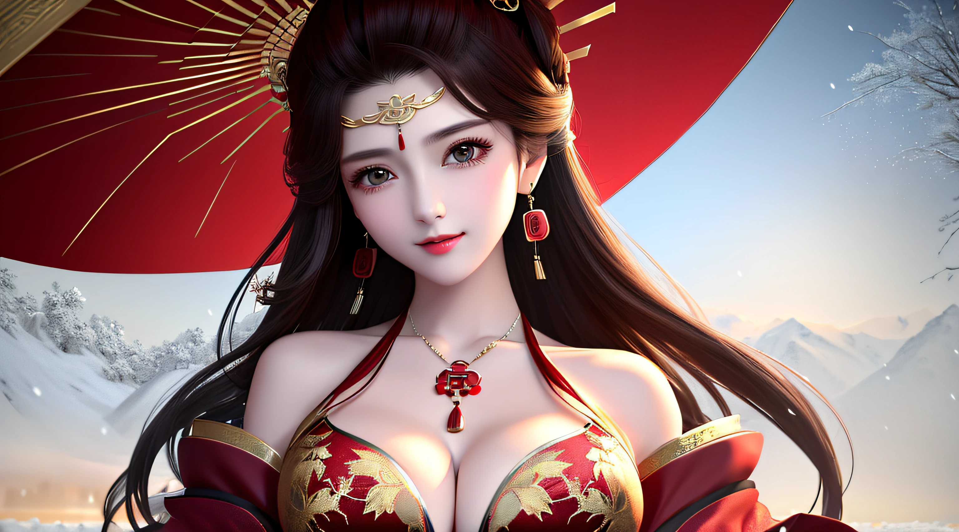 ((Very detailed CG)), ((8k_wallpaper)), (Masterpiece), Best Quality, High Resolution Illustration, Ultra Detail, High Resolution, ((Overexposed)), Bare Shoulders, (Upper Body), Head Tilt, Ceza, Seza, Seisa Smile, 1girl, Long Hair, beautiful_face, Highly Detailed and Beautiful Eyes, (Extremely Delicate and Beautiful), (Beautiful and Detailed Facial Depiction), Mature Women Chinese antique clothing, red and black robes, earrings, necklace, winter snow, masterpiece, superlative, bikini, exposed breasts, huge breasts