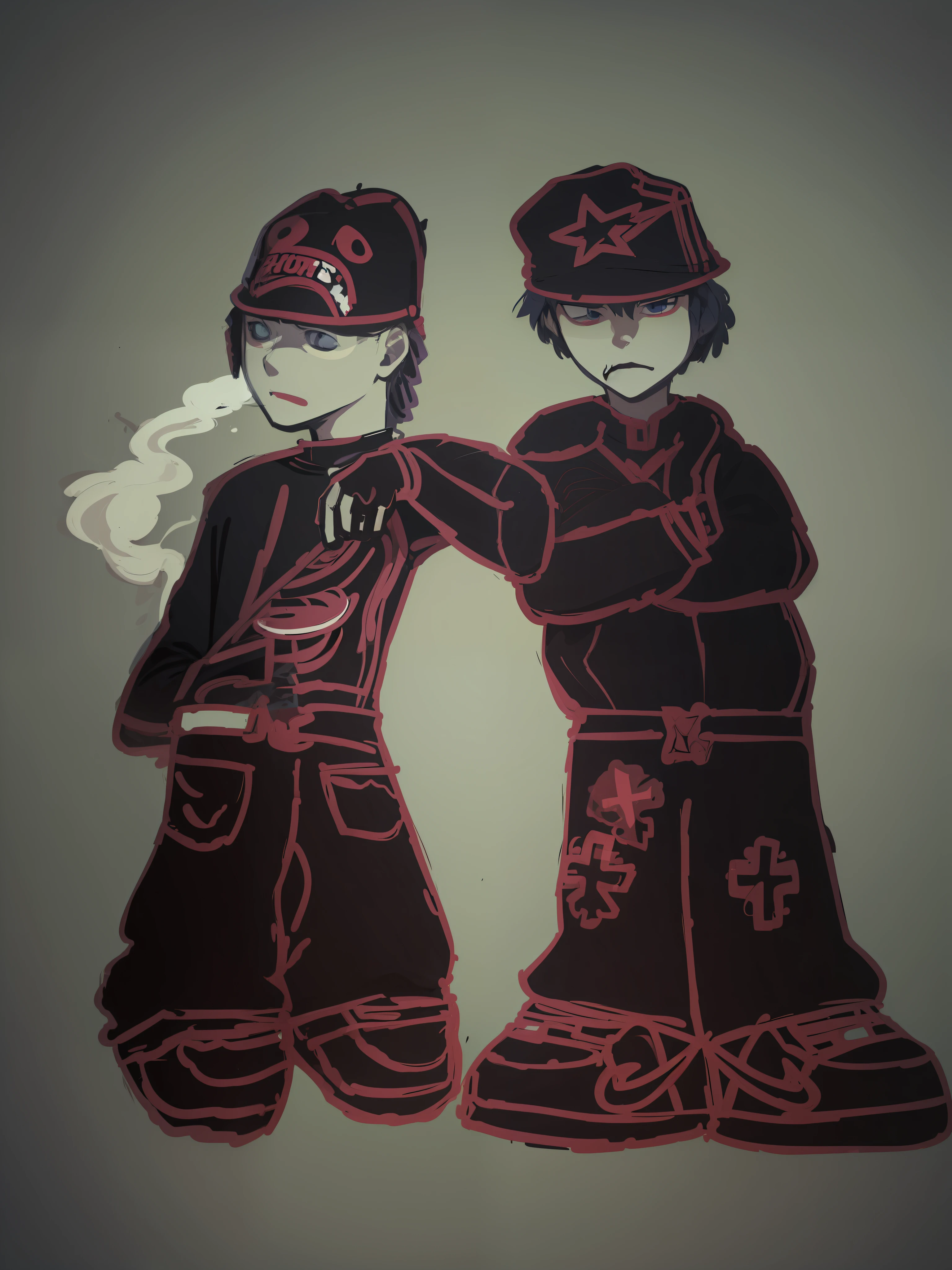 2 boys, purple, graffiti walls, smoke, 2D, afared drawing, best quality, vampire, high, face with empty countenance, akira style