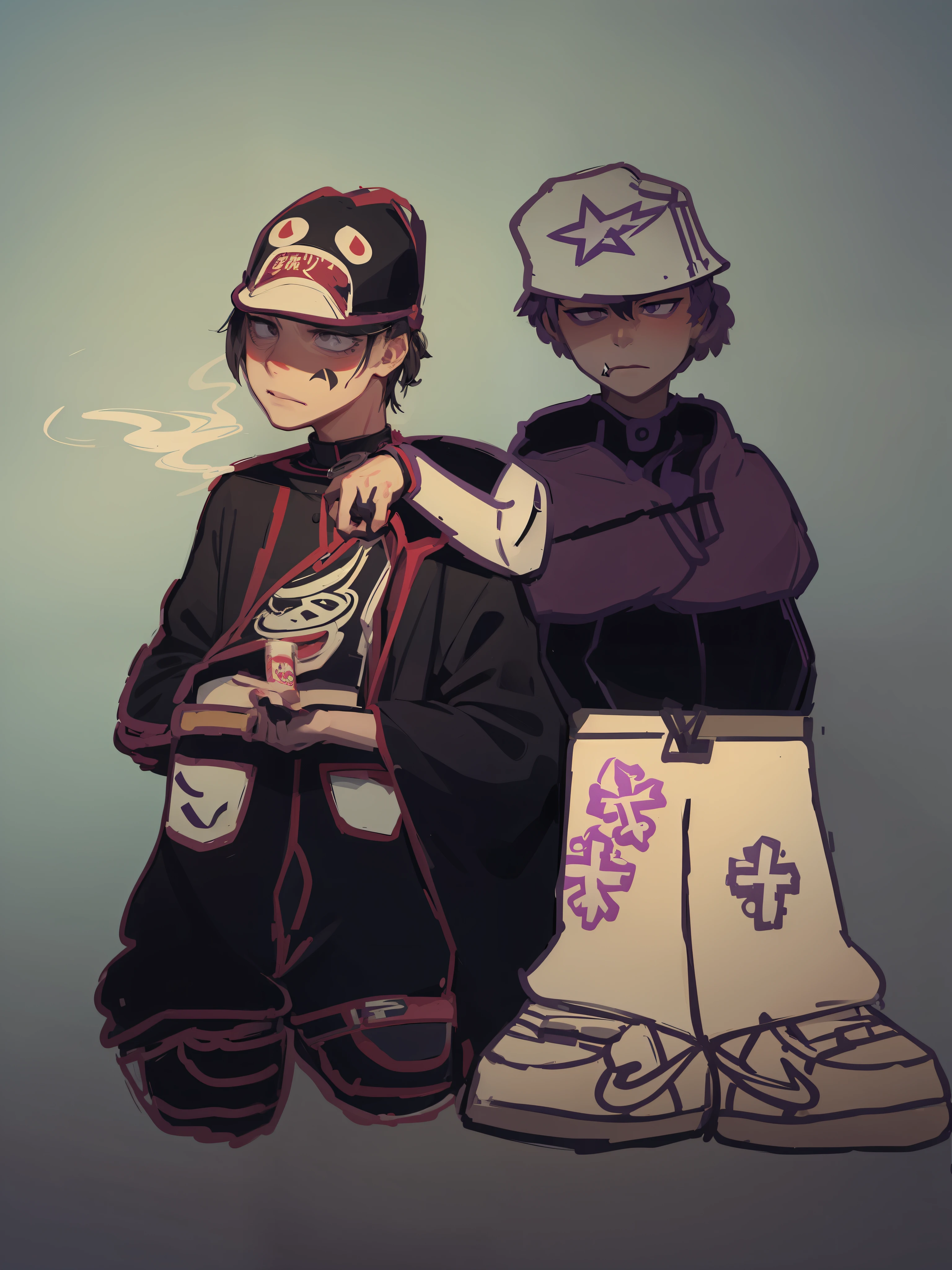 2 boys, purple, graffiti walls, smoke, 2D, afared drawing, best quality, vampire, high, face with empty countenance, akira style