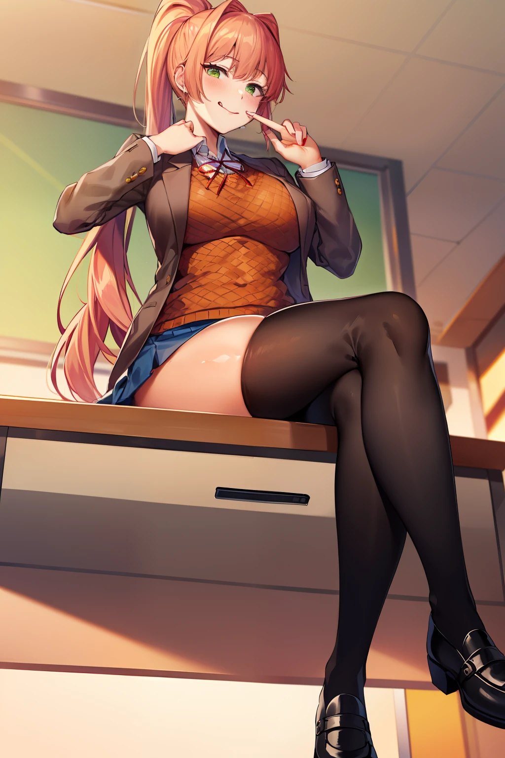 2d, masterpiece, best quality, anime, highly detailed, 1girl, solo, monika, green eyes, very long hair, ponytail, school uniform, straight-on, smile, (full body:1.5), giantess, smile, (from below:1.5), thick thighs, looking down at viewer, upskirt, (large breasts:1.3), field, (looming:1.3), mature female, high quality, hd quality, masterpiece, photorealistic, shoe soles, close-up foot, intense angle, :d, (sitting on desk:1.6), very low angle, female pervert, toragao, crossed legs, closed mouth, (licking lips, licking own lips:1.1), (sitting:1.5), (white undershirt, orange sweater:1.2), (brown jacket:1.4), (absolute territory, black thighhighs:1.4), (uwabaki:1.5), full body in frame, (classroom, indoors:1.3), clasroom desk, blue skirt, (licking finger, licking own finger:1.2), (hand on desk:2),