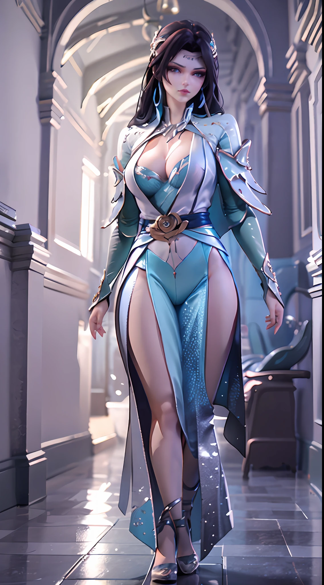 (Best quality, 4k, Masterpiece :1.3), beautiful woman, (realistic:1.5),(3d rendering:1.5), 1girl, (massive breasts, attractive body :1.2), Wallpaper HD, Standing on castle, ultra-detailed face, detailed lips, detailed eyes, double eyelid, sensual low-necked dress, open neckline, hanging breasts, Walking pose, visible curves, transparent robe, muscular turned leg, shiny body