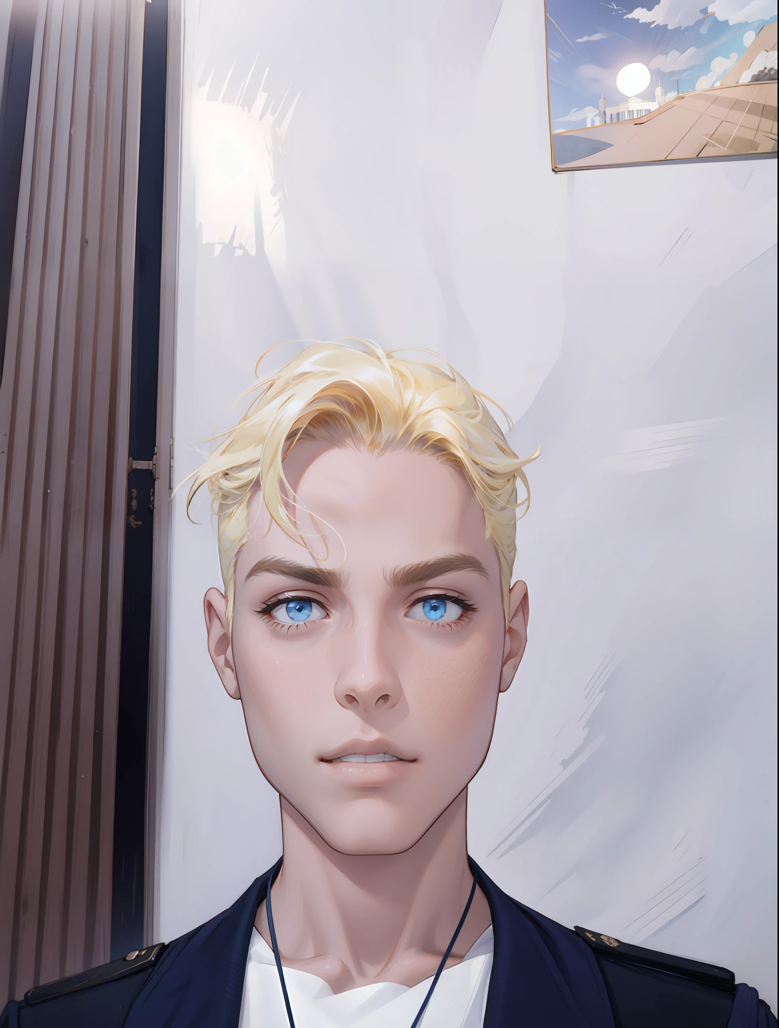 (masterpiece, best quality), 1 male, mature, aged up:1.4, tall muscular guy, broad shoulders, finely detailed eyes and detailed face, extremely detailed CG unity 8k wallpaper, intricate details, Fantasy, royal, nobleman, Admiral, short hair, blonde hair, blue eyes, fleet commander, navy, commander, white uniform, ocean, cloudy sky, wave