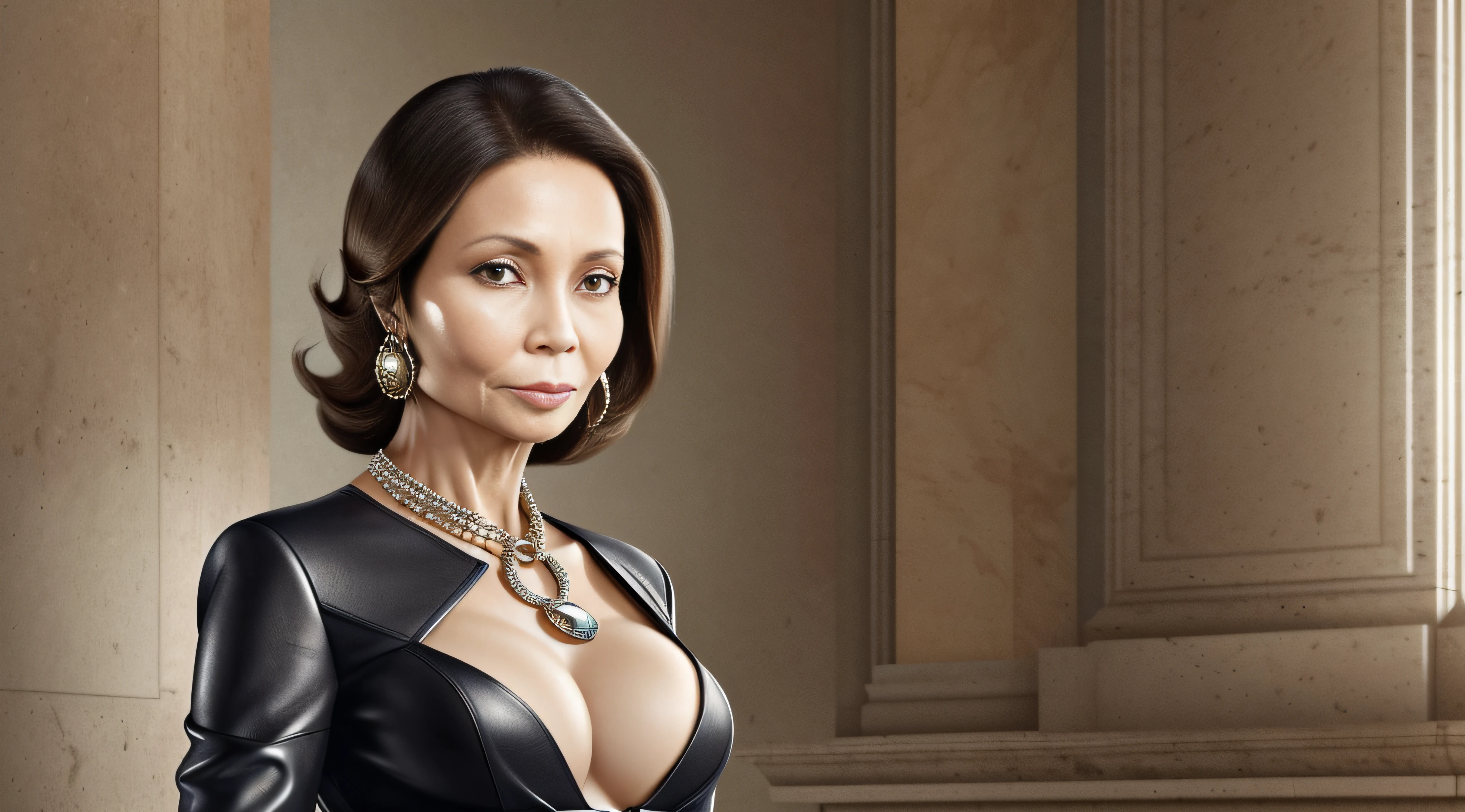 WALLPAPER DE (((ISABEL PREYSLER))) has to be dressed like a lady of the high society of the 40s, all her outfit has to be leather, without neckline and with black leather gloves, very jeweled. His face has to be lascivious angry with icy look and angry, standing staring straight ahead and the viewer demanding more. Your body, face and haircut have to be hyper-realistic and hyper-detailed. The place must be the parliament, with ISABEL standing in a demanding pose (((WITH A SIGN BEHIND that reads: You want to adore me pay your testicular tribute))). All this with natural light, in a wide format dE WALLPAPER and full HD body.