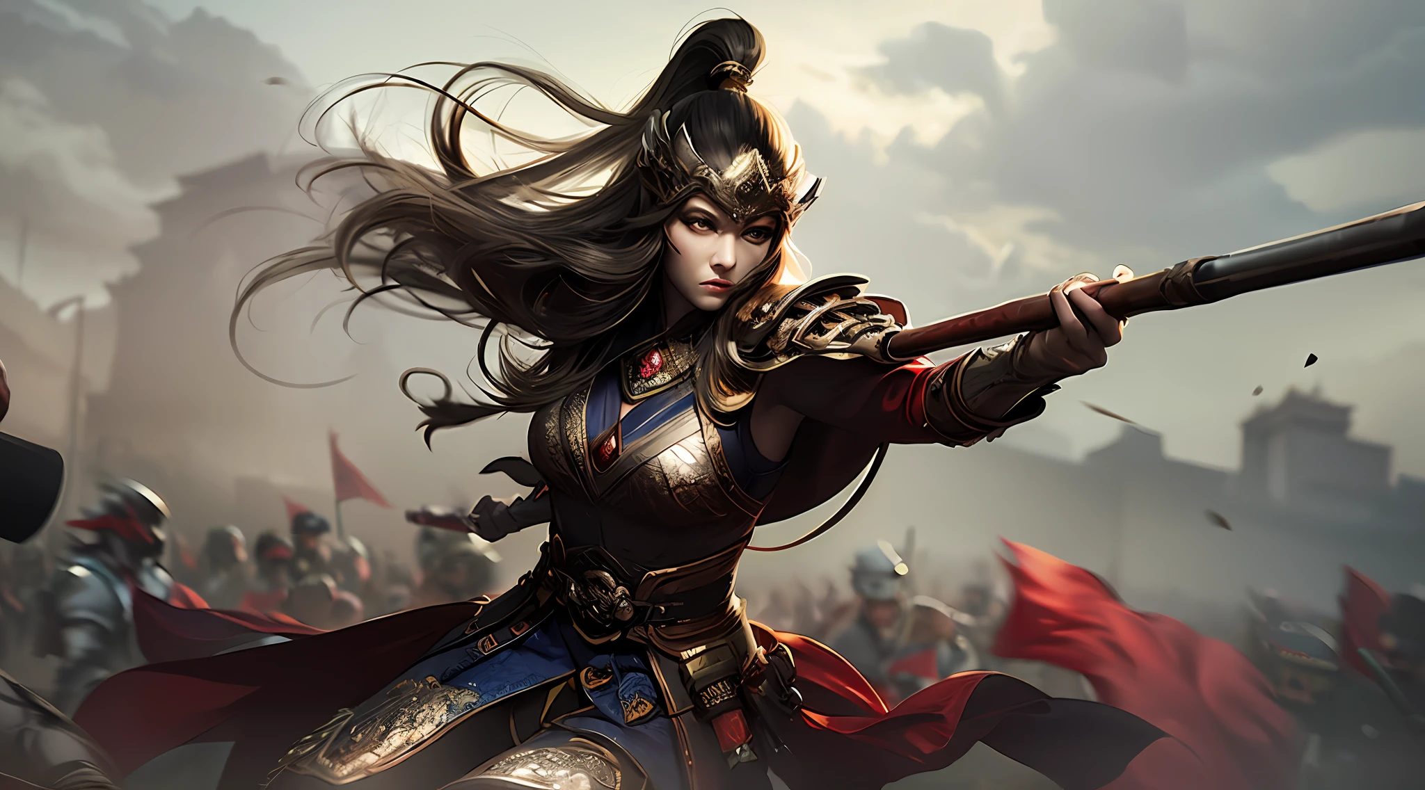 1 woman, delicate face, gray pupils, scratched face, ancient Chinese battlefield, hand with iron tooth hammer to beat action, anger, wind, gunsmoke, motion blur, half, looking at the audience, masterpiece, best quality, 32k