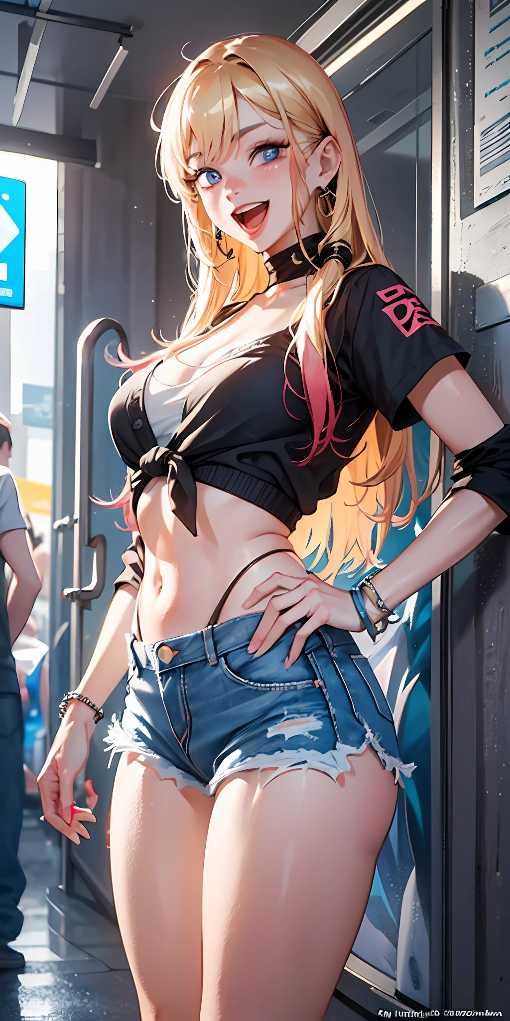 best quality,ultra-detailed,high resolution,extremely detailed cg,anime picture,unity 8k wallpaper,3d rendering,(realistic:1.5),
blond hair,blue eyes,long hair,ripped shorts,white shirt,purse,navel,looking at viewer,hair ornament,smile,pov doorway,open mouth,denim,x hair ornament,cyberpunk,