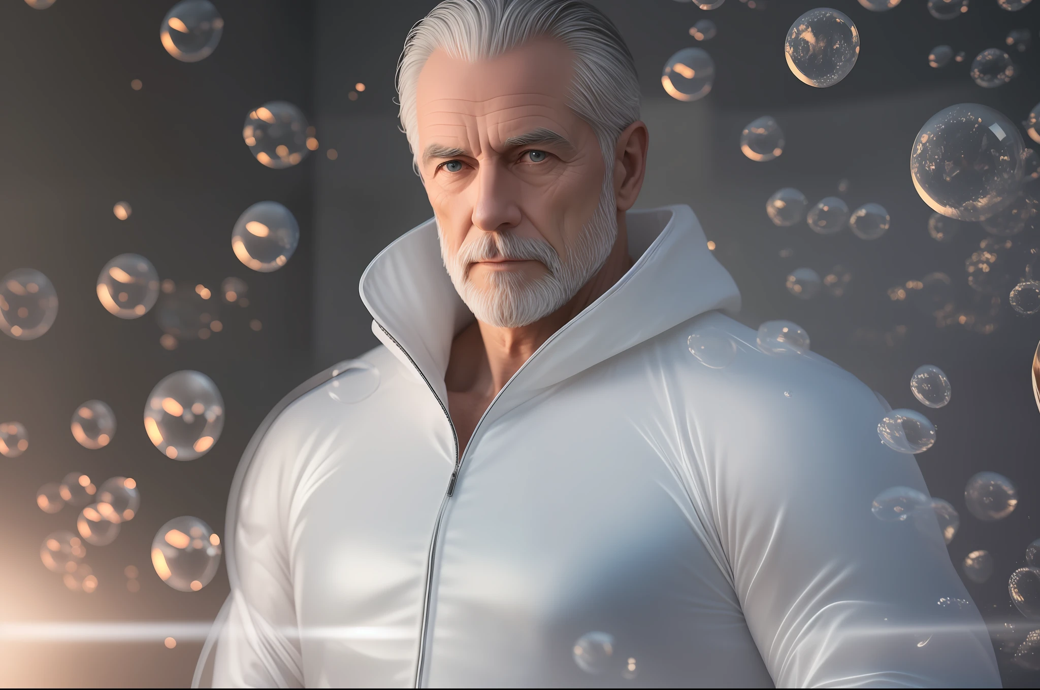 realistic photography of mature man in a white opaque bubble suit, low lighting, intricate details, 8k, hyper-realistic --auto --s2