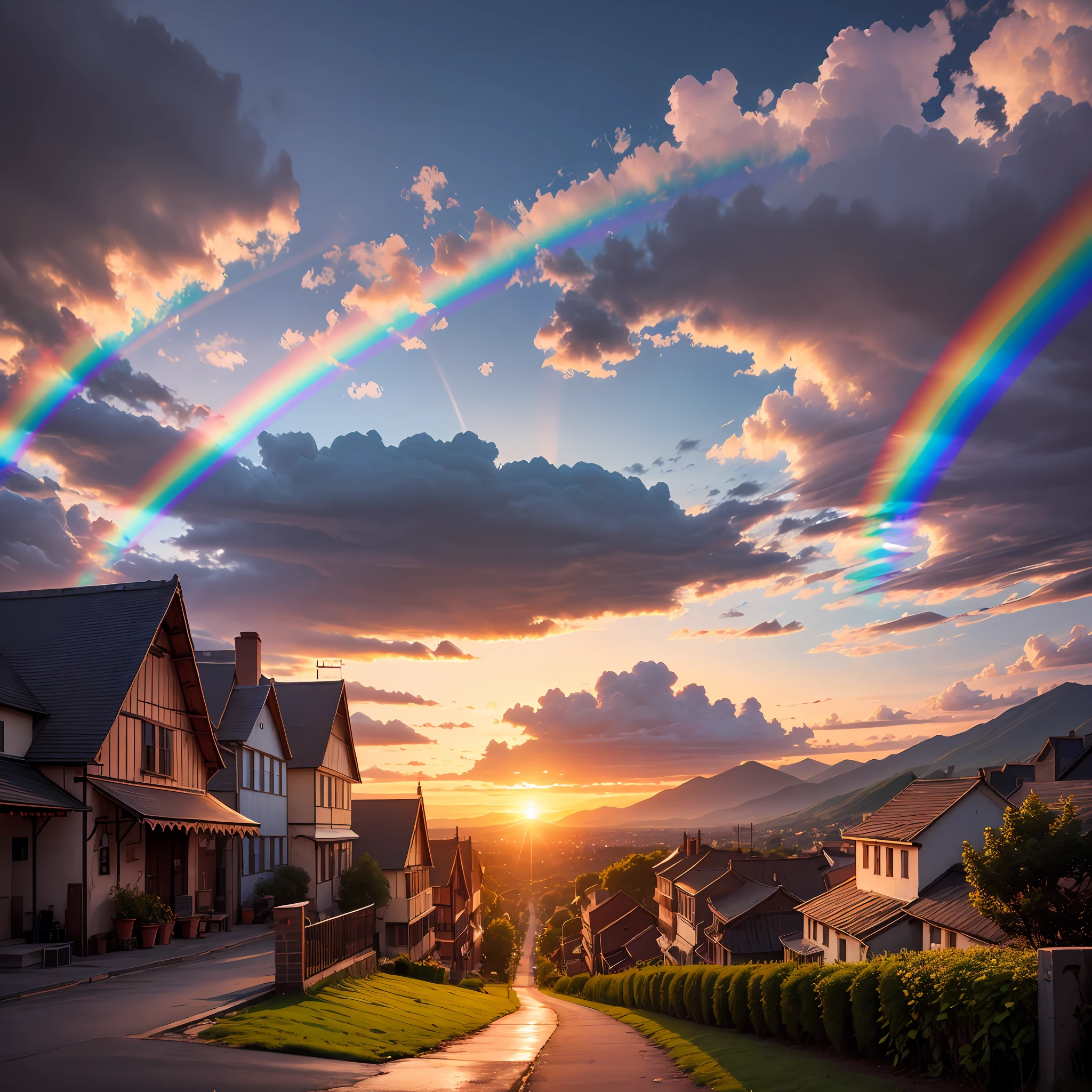 A town with pleasant scenery, sunset, rainbow --auto