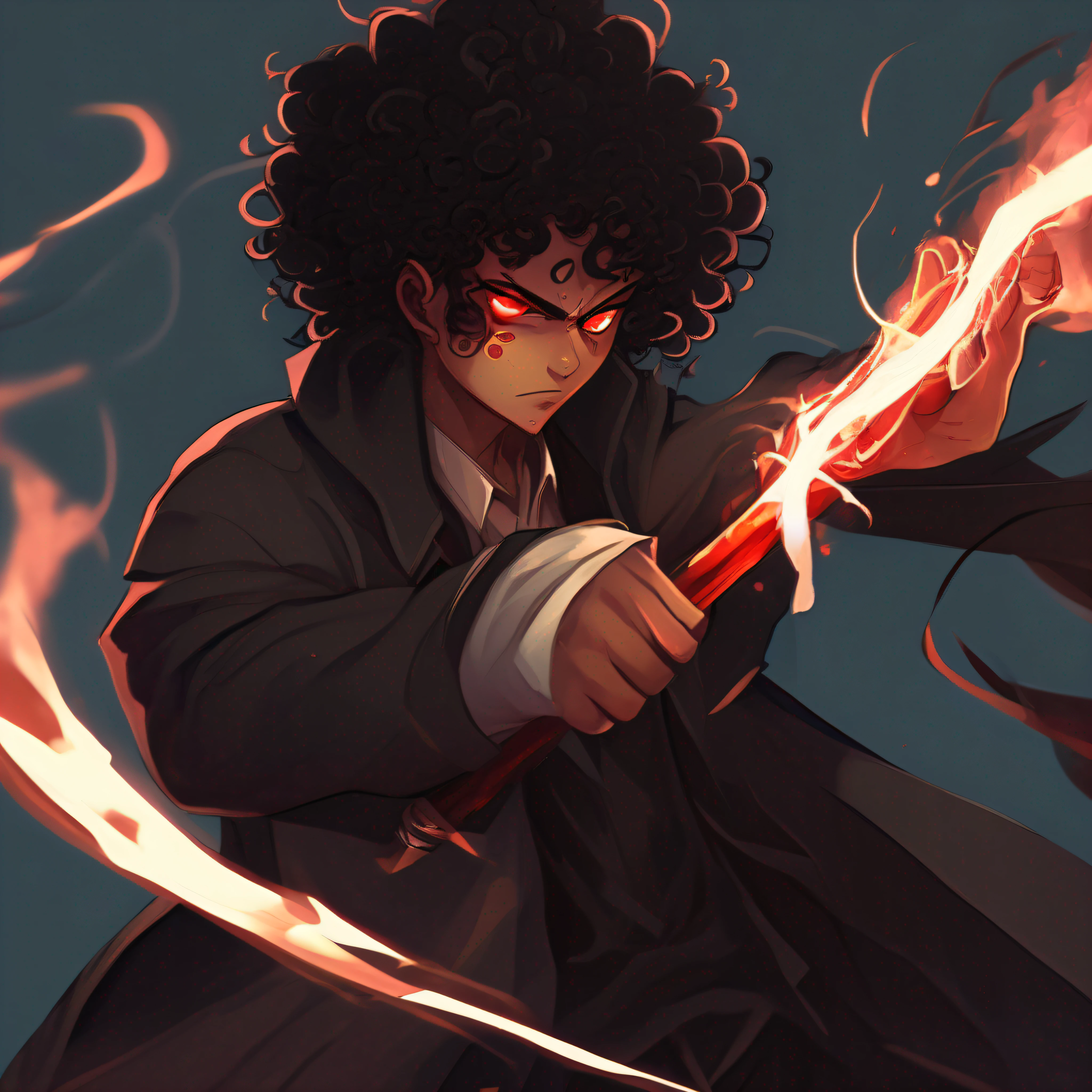 Anime character, black curly hair, pulled eye, brown skin, tattoos, scar on left eye, red eyes, magic staff on left hand, black overcoat, full body, animation, 2D art, digital ART, anime style, high quality, attack position, fight, advance