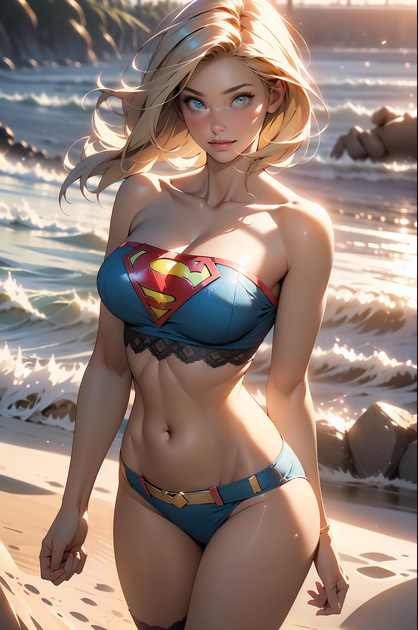 nsfw: 1.5, masterpiece, best quality, high quality, high definition, high quality textures, high quality shadows, high definition, beautiful detail, highly detailed CG, detailed textures, realistic representation of faces, realistic, colorful, delicate , cinematic lights, side lights, lens flares, ray tracing, sharp focus, supergirl, ((best quality, masterpiece, absurd, 8k)), 1 girl, solo, 21, Supergirl (Helen Slater), huge breasts , huge breasts, bra, long hair down to her hips, long hair, short hair, voluminous hair, white skin tone, green eyes, bright expressive eyes, huge breasts, she is supergirl, Supergirl cosplay, ((blue strapless lace bra ,panties, garterbelt  and stockings 7/8)), blushing, embarrassed expression, shy smile, terrace construction, daytime, pretty, young woman, hands behind) (1girl, __focus__:1.3), (intricate details , makeup, PureErosFace_V1:0.5), (delicate beautiful face with details, beautiful delicate eyes in details, perfect face proportions, dense skin, ideal proportion of four fingers and one thumb, arms under the chest, huge breasts, wide hips, abdomen flat top, thin, blond: 1.3), beach, sand, sea, mini waves in the sea, no hands