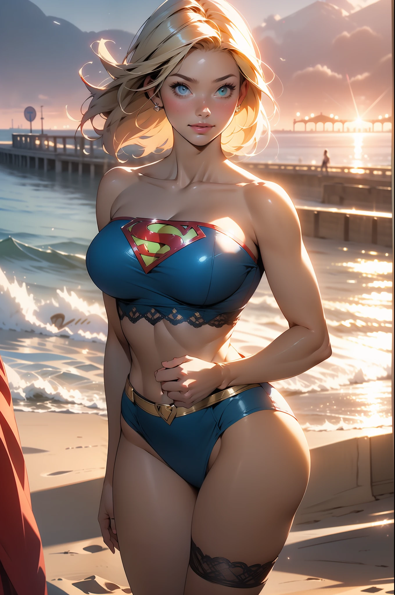 nsfw: 1.5, masterpiece, best quality, high quality, high definition, high quality textures, high quality shadows, high definition, beautiful detail, highly detailed CG, detailed textures, realistic representation of faces, realistic, colorful, delicate , cinematic lights, side lights, lens flares, ray tracing, sharp focus, supergirl, ((best quality, masterpiece, absurd, 8k)), 1 girl, solo, 21, Supergirl (Helen Slater), huge breasts , huge breasts, bra, long hair down to her hips, long hair, short hair, voluminous hair, white skin tone, green eyes, bright expressive eyes, huge breasts, she is supergirl, Supergirl cosplay, ((blue strapless lace bra ,panties, garterbelt  and stockings 7/8)), blushing, embarrassed expression, shy smile, terrace construction, daytime, pretty, young woman, hands behind) (1girl, __focus__:1.3), (intricate details , makeup, PureErosFace_V1:0.5), (delicate beautiful face with details, beautiful delicate eyes in details, perfect face proportions, dense skin, ideal proportion of four fingers and one thumb, arms under the chest, huge breasts, wide hips, abdomen flat top, thin, blond: 1.3), beach, sand, sea, mini waves in the sea, no hands