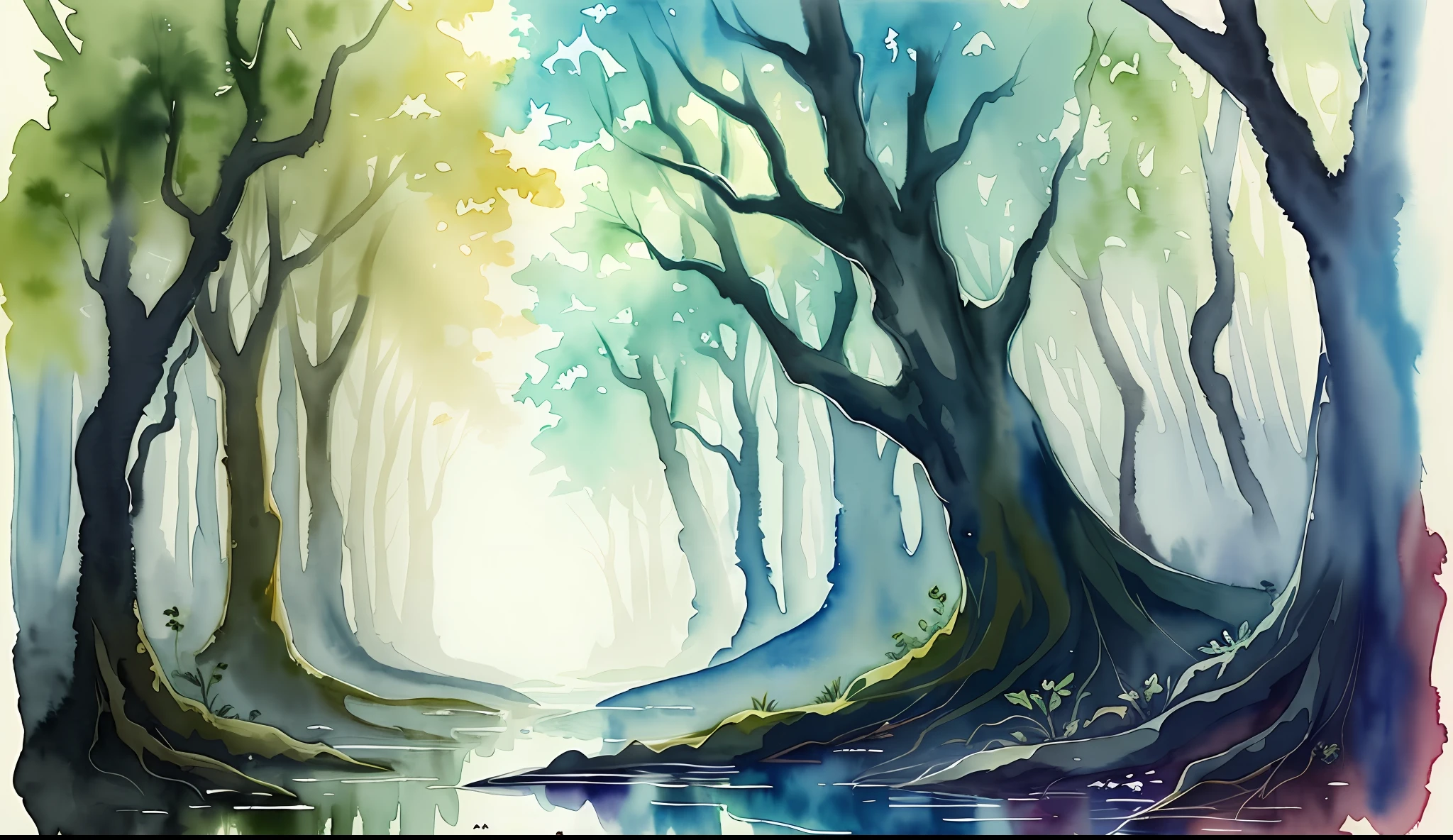 ( watercolor \(medium\),    IrisCompiet:1.2), unfinished painting of a fantasy forest, wet on wet, white background