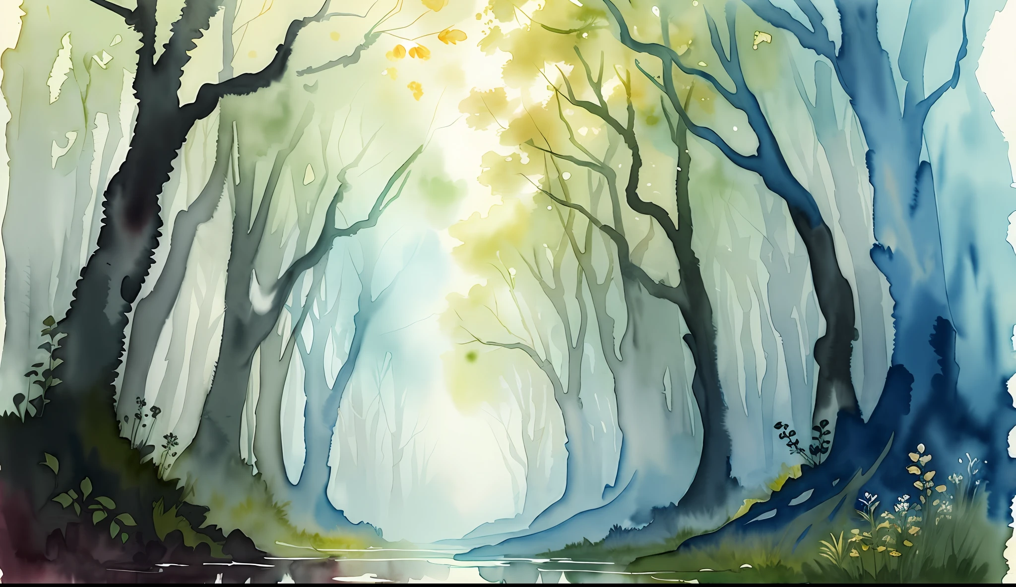 ( watercolor \(medium\), IrisCompiet:1.2), unfinished painting of a fantasy forest, wet on wet, white background