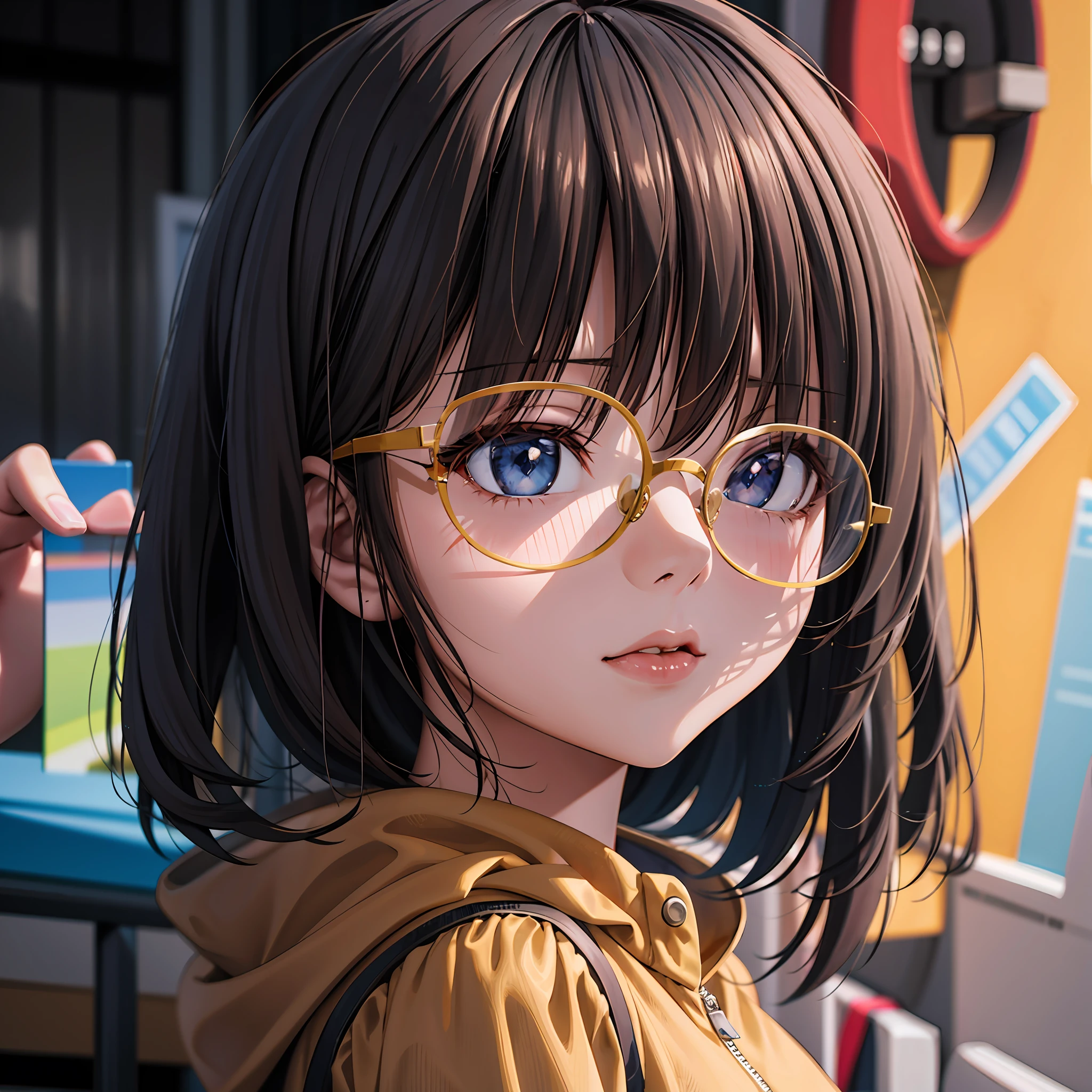 anime girl with glasses and a yellow jacket looking at the camera, realistic anime 3 d style, anime style. 8k, 3 d anime realistic, kawaii realistic portrait, artwork in the style of guweiz, photorealistic anime girl render, 8k portrait render, anime style 4 k, realistic anime artstyle, realistic young anime girl