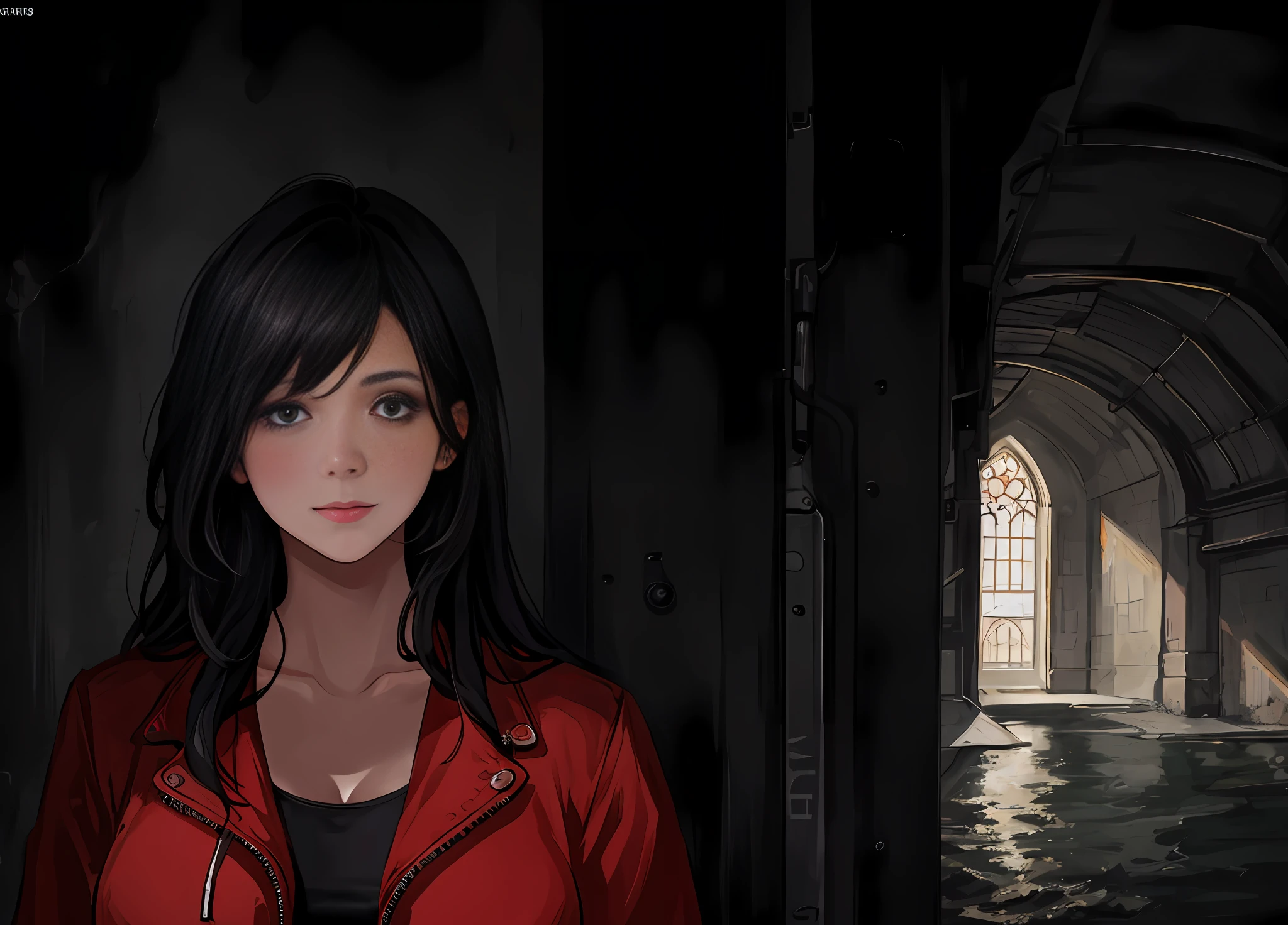 There is a girl standing in front of a building, (left), (front focus), front, (bust close-up), (movie shot), comics, painting, (beautiful detailed eyes), delicate makeup, closed mouth smile, (small freshness: 1.5), shy expression, black hair, medium boobs, (soft boobs), cleavage, fair skin, black open-chest suit, a church in the background, (background blur), (illustration), (dynamic angle), ((detailed soul face)), ((beautiful detailed face)), Masterpiece,Best Quality, Ultra HD, (Realistic:1.4),, High Resolution, Detail, Original Photo, Sharp Re, Nikon D850 Film Stock Photo by Jackie Lee 4 Kodak Portra 400 Camera F1.6 Lens Rich Colors Ultra Realistic Vivid Textures Dramatic Lighting Unreal Engine Art Station Trend Cinestir 800