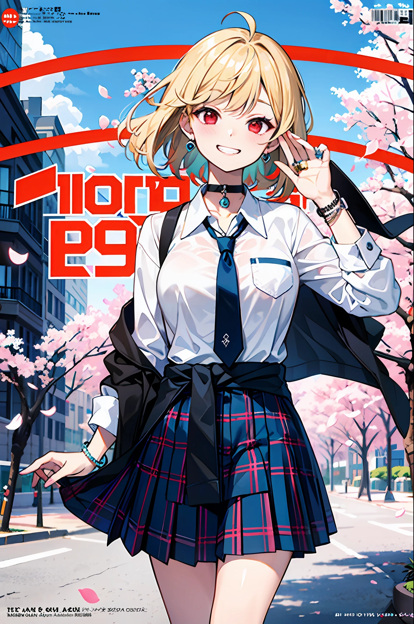 masterpiece, best quality,  full body,
1girl, bangs, black choker, black necktie, blonde hair, blue skirt, blush, bracelet, breasts, choker, clothes around waist, collarbone, collared shirt, cowboy shot, dress shirt, ear piercing, eyebrows visible through hair, gradient hair, grin, gyaru, jewelry, kogal, long hair, looking at viewer, loose necktie, necktie, piercing, plaid, plaid skirt, pleated skirt, red eyes, ring, school uniform, shirt, skirt, smile, solo, white shirt,
street, sky, cherry blossoms, petals,illustration, (magazine:1.3), (cover-style:1.3), fashionable, woman, vibrant, outfit, posing, front, colorful, dynamic, background,  elements, confident, expression, holding, statement, accessory, majestic, coiled, around, touch, scene, text, cover, bold, attention-grabbing, title, stylish, font, catchy, headline, larger, striking, modern, trendy, focus, fashion,