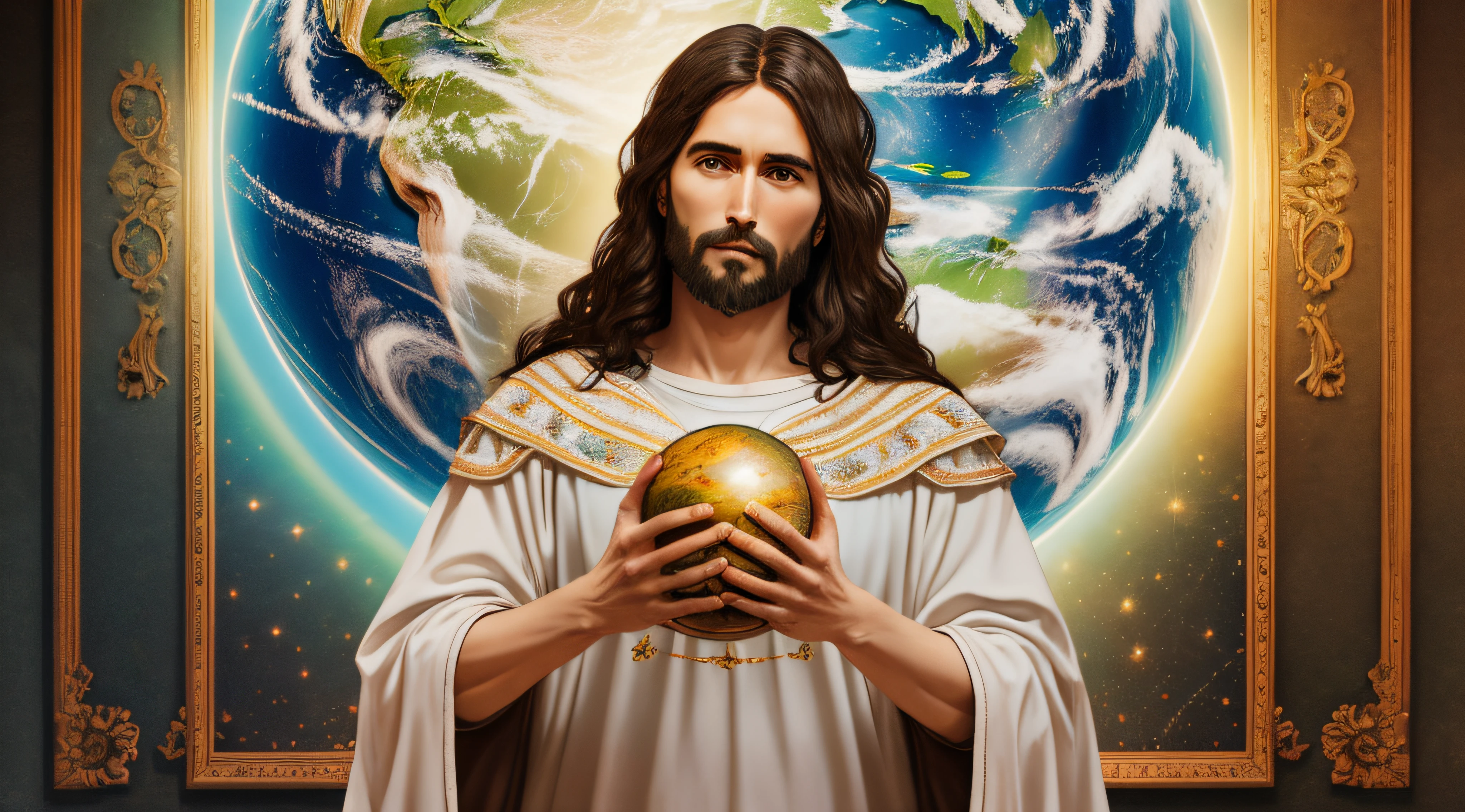 "Realistic 8k masterpiece with perfect anatomy: Jesus Christ holding planet Earth in one hand, with an undeformed face."