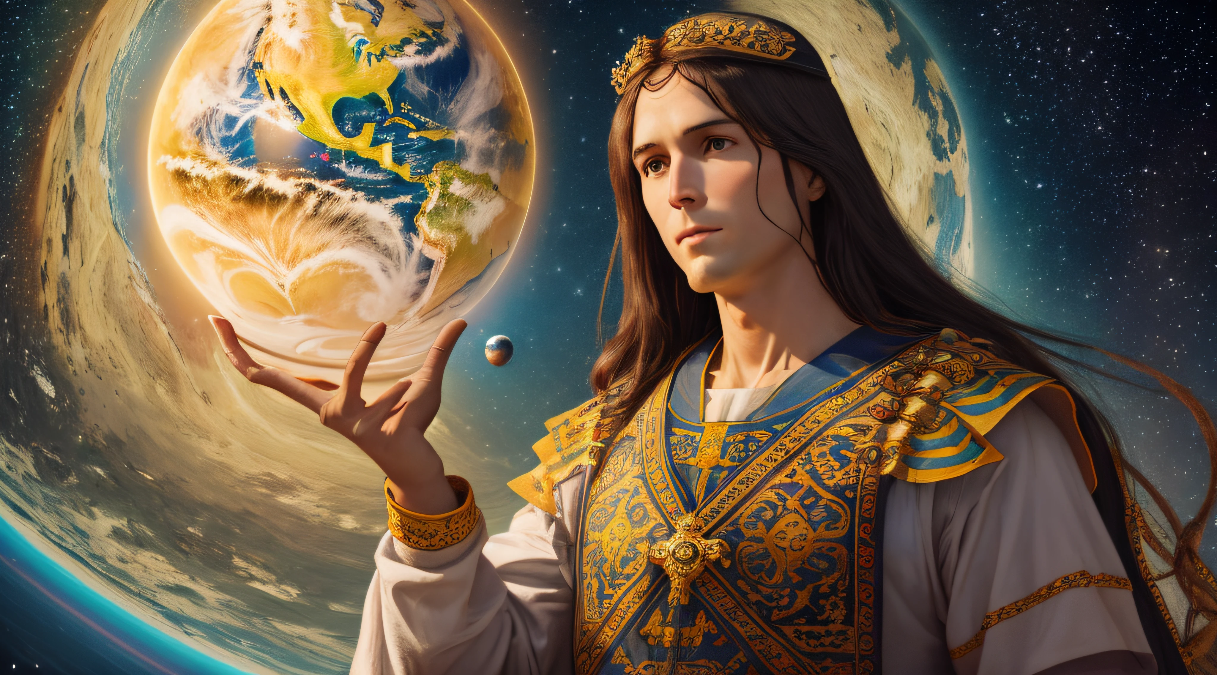 "Realistic 8k masterpiece with perfect anatomy: Jesus Christ holding planet Earth in one hand, with an undeformed face."