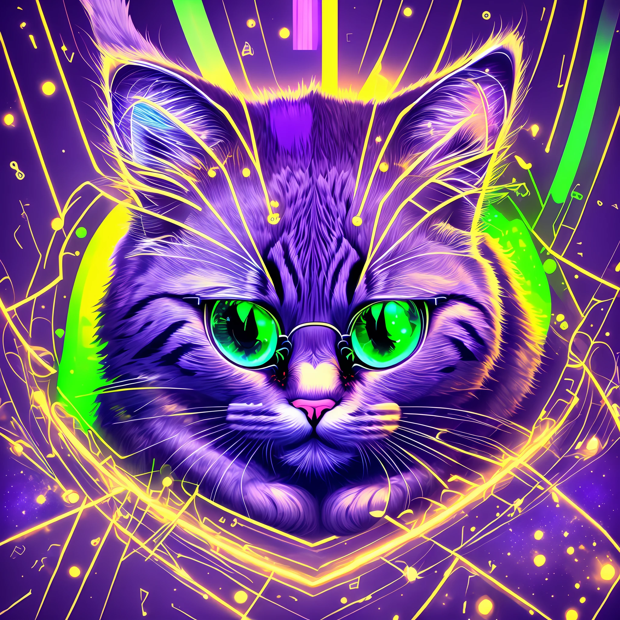 Cyber Cat: In this NFT, the cat undergoes a futuristic transformation. In the drawing, the cat is depicted with glasses as a cybernetic companion, organically combining organic elements with technological improvements. The glittering lines of the code intertwine with the silhouette of a cat, and neon lights pulse beneath its smooth metal surface. With a vibrant color palette of electric blue, shining purple, and bright green, this NFT represents the perfect synergy between cutting-edge technology and the eye-catching charm of a cat --auto --s2