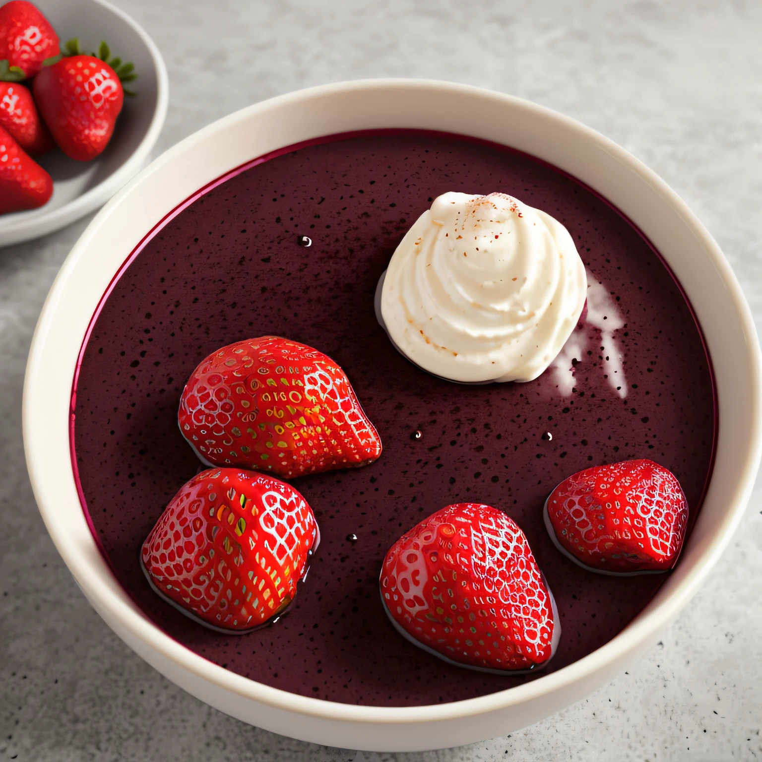 + (((Ultra realistic))) | professional lighting | A delicious açaí cream in a white bowl | spilling the açaí cream | strawberries | syrup on the table | Powdered milk | dark image background | neutral colors --auto