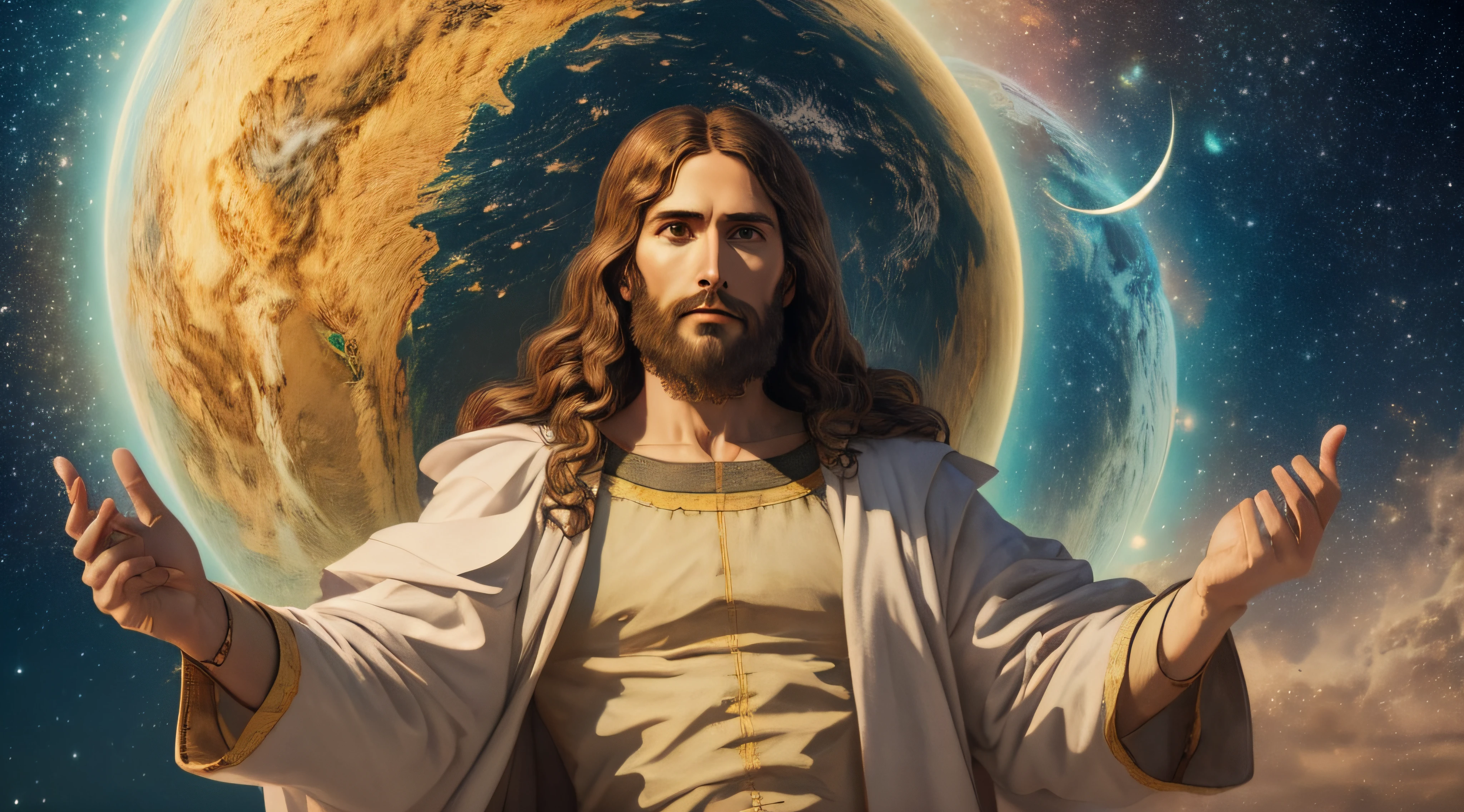 "Realistic 8k masterpiece with perfect anatomy: Jesus Christ holding planet Earth in one hand, with an undeformed face."