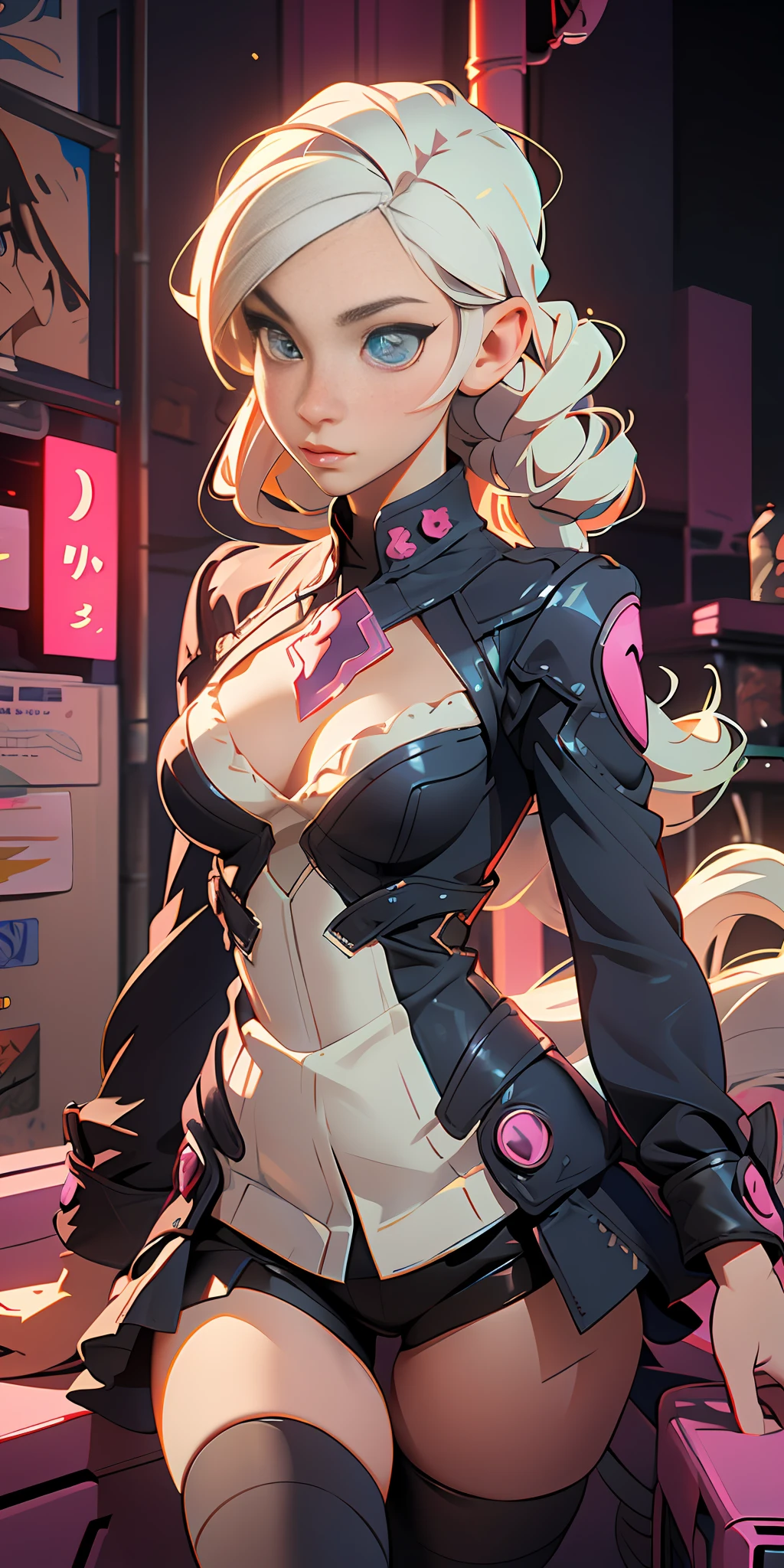 masterpiece, best quality, HDR, RAW photo, 3D shading, anime aesthetic, realistic lens effect, abstract, artistic stunning render, dramatic light, beautiful detailed, highres (portrait: 1girl (marie rose), breasts, intricate eyes, long sleeves, thighhighs)