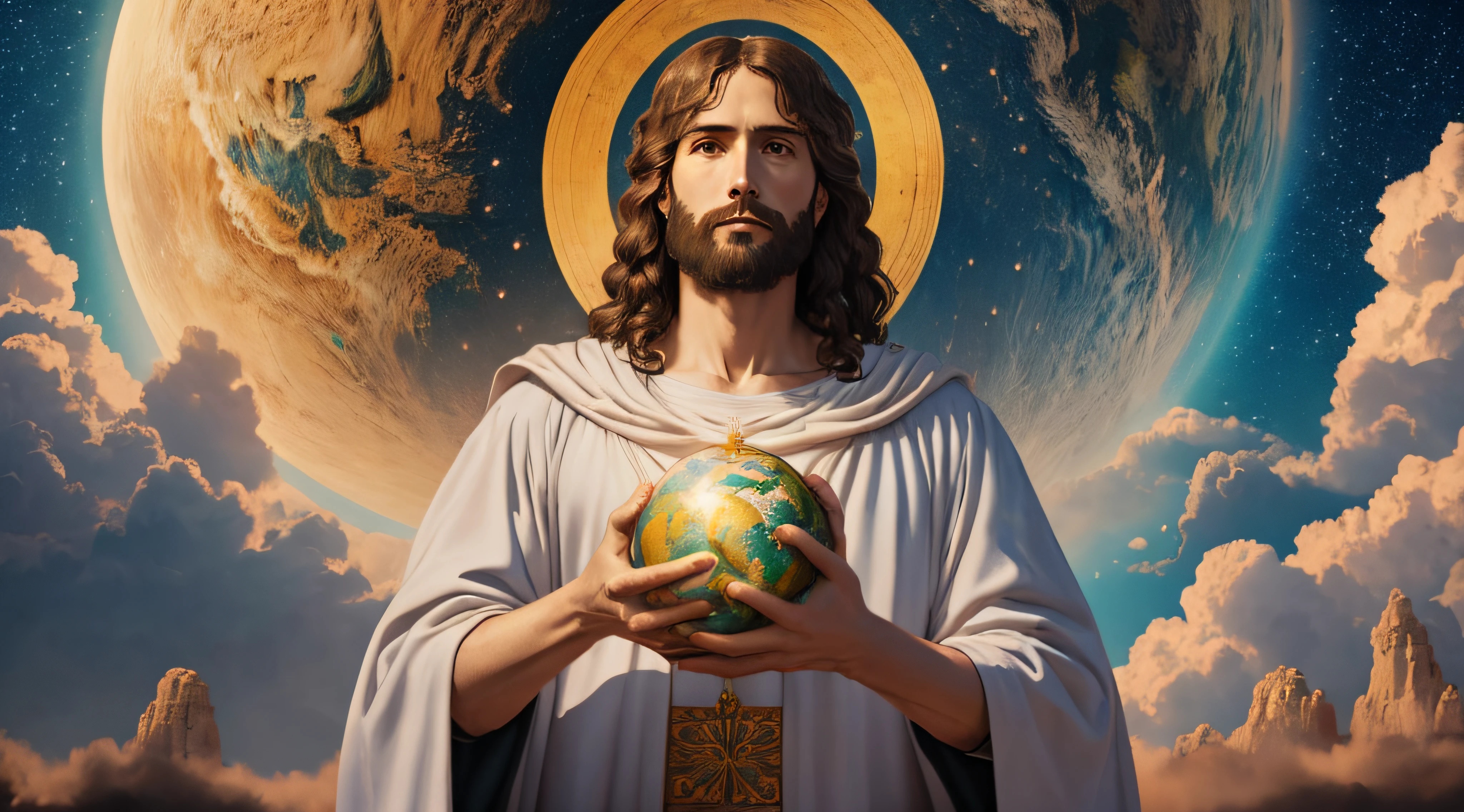 "Realistic 8k masterpiece with perfect anatomy: Jesus Christ holding planet Earth in one hand, with an undeformed face."