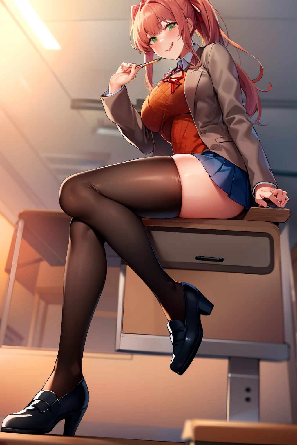 2d, masterpiece, best quality, anime, highly detailed, 1girl, solo, monika, green eyes, very long hair, ponytail, school uniform, straight-on, smile, (full body:1.5), giantess, smile, (from below:1.5), thick thighs, looking down at viewer, upskirt, (large breasts:1.3), field, (looming:1.3), mature female, high quality, hd quality, masterpiece, photorealistic, shoe soles, close-up foot, intense angle, :d, (sitting on desk:1.6), very low angle, female pervert, toragao, crossed legs, closed mouth, (licking lips, licking own lips:1.1), (sitting:1.5), (white undershirt, orange sweater:1.2), (brown jacket:1.4), (absolute territory, black thighhighs:1.4), (uwabaki:1.5), full body in frame, (classroom, indoors:1.3), clasroom desk, blue skirt, (licking finger, licking own finger:1.2), (hand on desk, one hand at side:2),