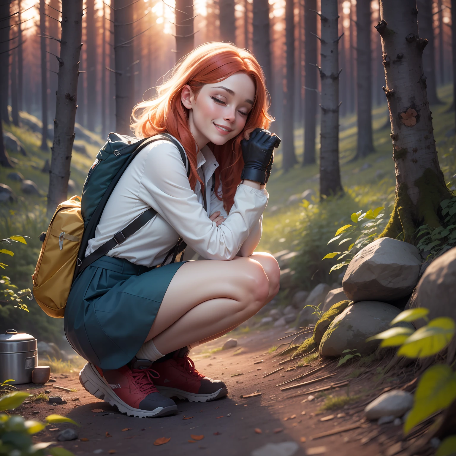 1 woman, red hair with blonde locks, skirt, cold blouse ((full body, crouching, smiling, happy)), masterpiece, best quality, perfect eyes, perfect hands, perfect legs, ultra-detailed, solo, outdoor, (sunset), mountains, nature, (stars, cloud) cheerful, happy, backpack, sleeping bag, camping stove, water bottle, tennis, gloves, flashlight, forest, stones, river, wood, smoke, shadows, contrast, style, (warm hue, warm tone: 1.2), cinematic light, side lighting, ultra high resolution, best shade, RAW, wooden house, campfire