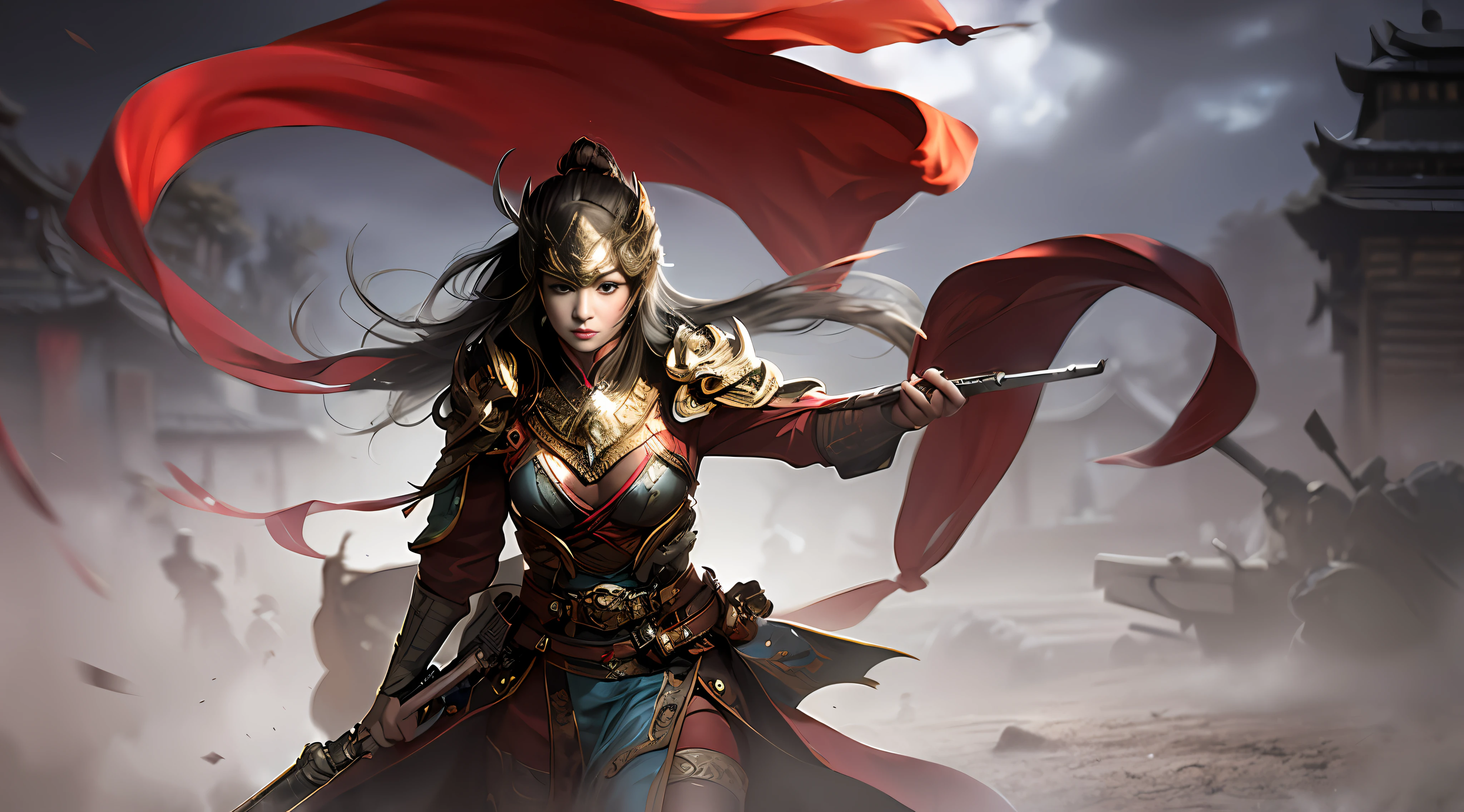 1 woman, delicate face, gray pupils, scratched face, ancient Chinese battlefield, hand with iron tooth hammer to beat action, anger, wind, gunsmoke, motion blur, half, looking at the audience, masterpiece, best quality, 32k