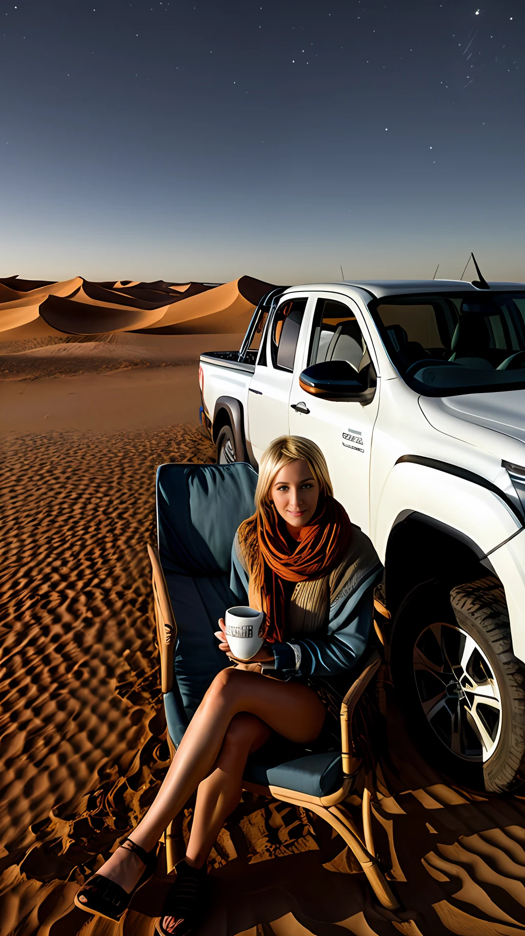 Blonde woman sitting in a chair in the desert with a cup of coffee at night, behind her a Hilux truck, embodying the nomadic style of the Sahara Desert.