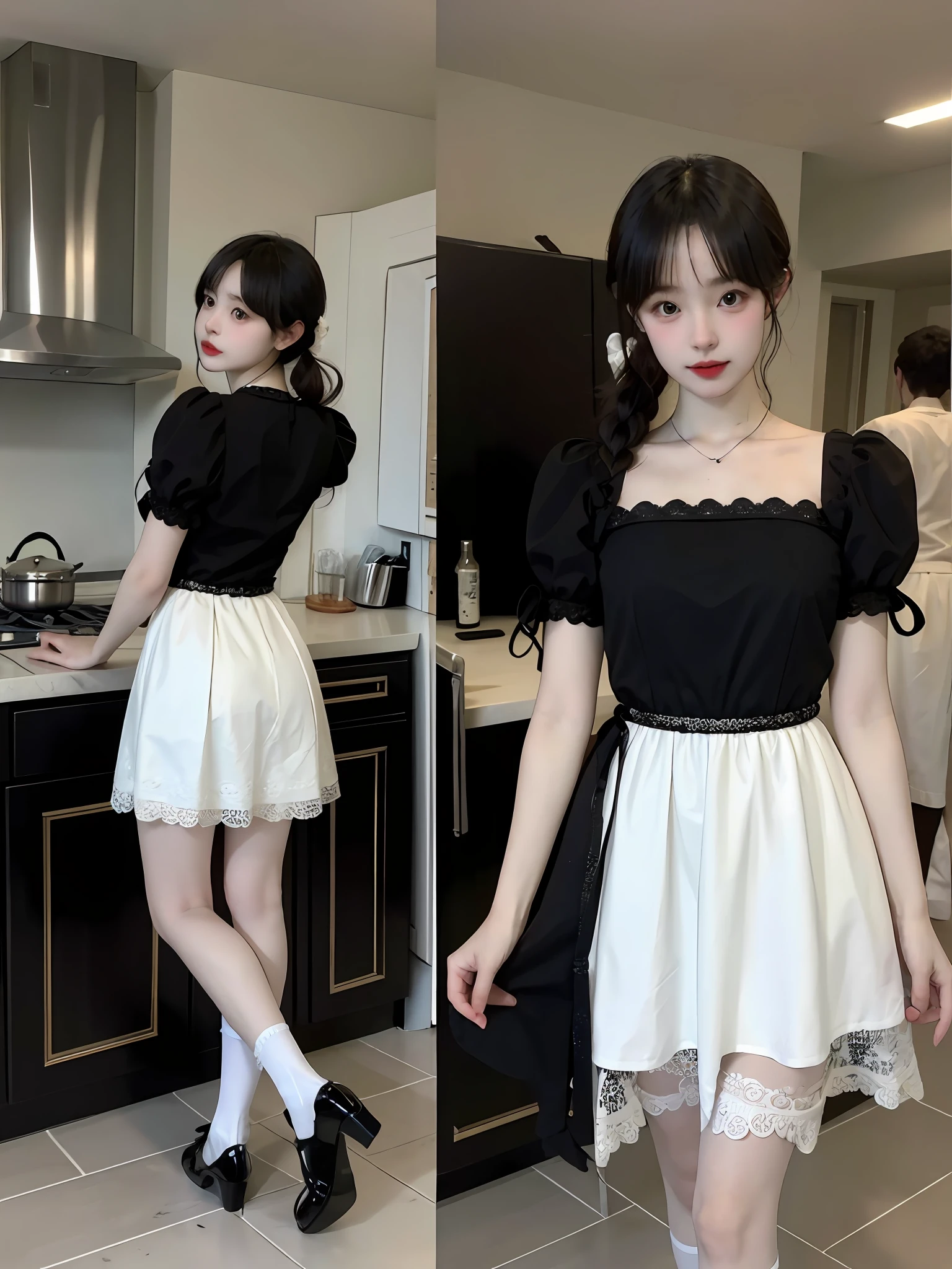 (8k, best quality, masterpiece: 1.2), (realistic, realistic, photorealistic: 1.37), 2 girls, hyper detail, beautiful detail eyes, beautiful detail nose, (((2girl))), Lolita dress short dress, fluffy skirt, silk bud lace, full body photo, kitchen, shoes, back turn, looking back, standing