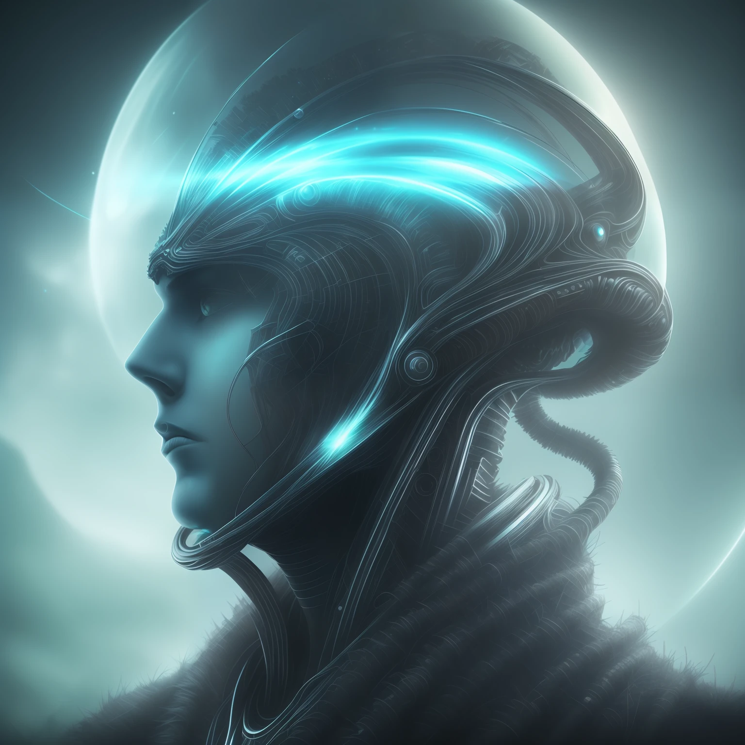 Ghostly portrait of a futuristic alien from another dimension creator of the universe with powerful ancient magic